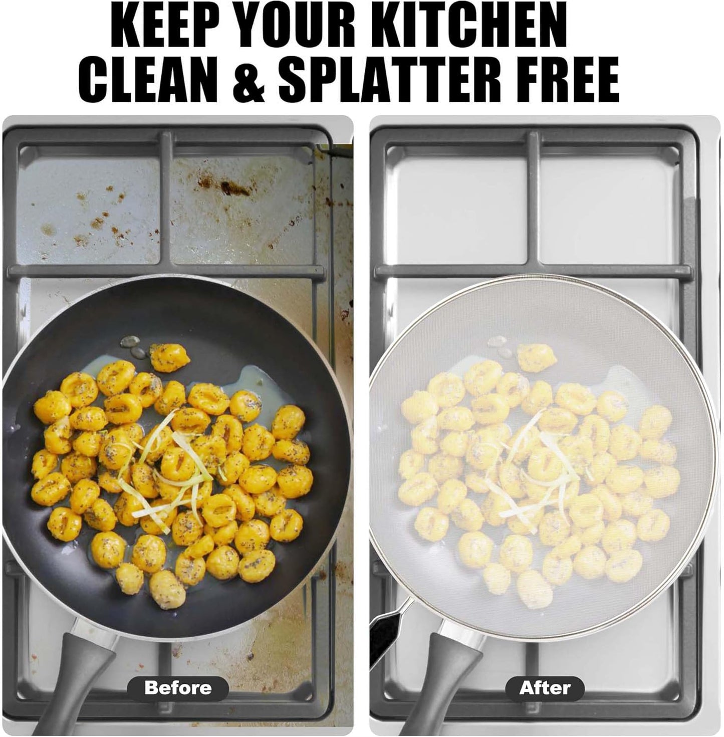 Splatter Screen for Frying Pan, Grease Splatter Guard, Stainless Steel Splatter Guards for Frying with Long Handle, Kitchen Oil Splash Guard Cooking Shield, Fine Mesh Strainer (Black, 12 inch)