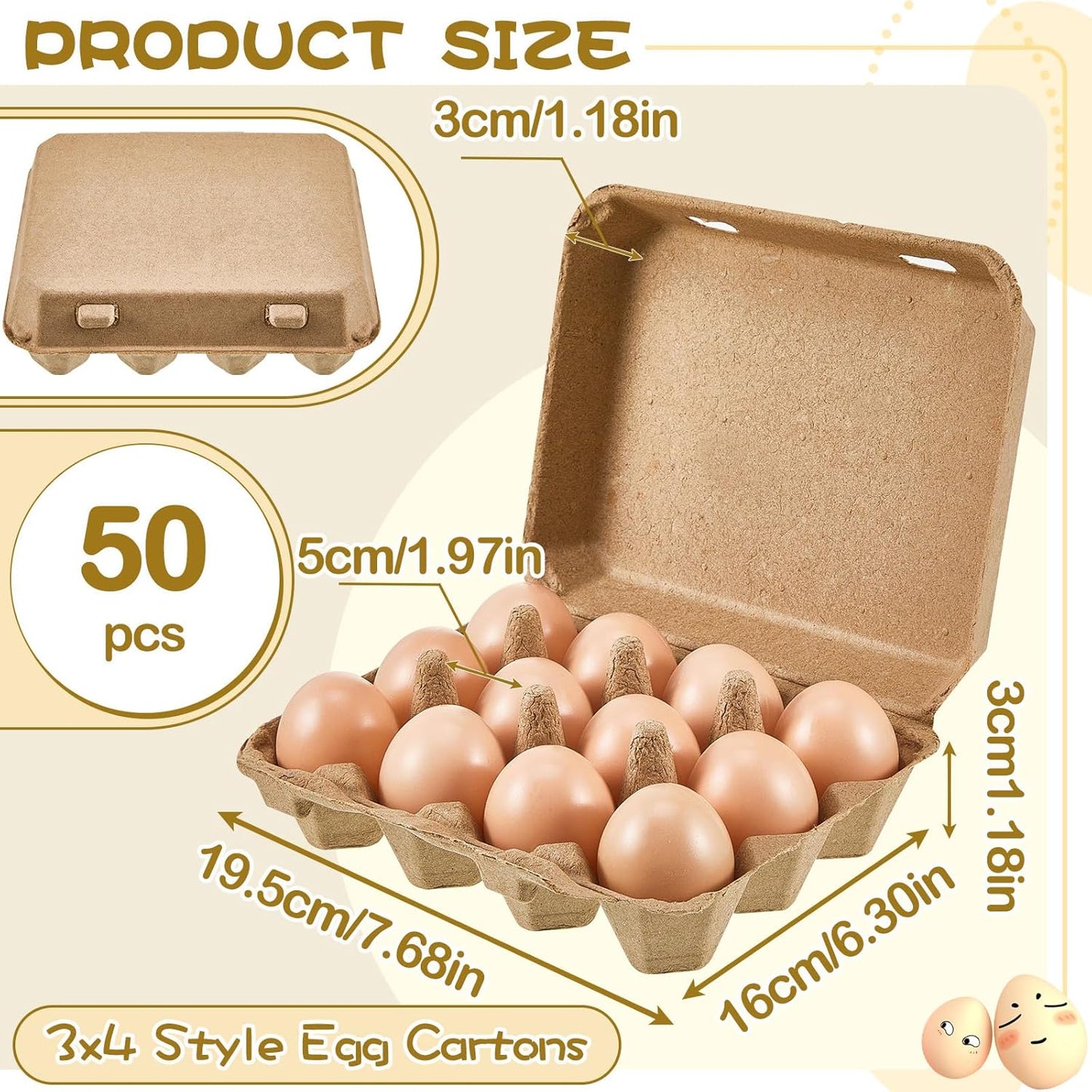 Rtteri 50 Pieces Paper Pulp Egg Cartons 3x4 Style Vintage Blank Egg Cartons for Fresh Duck Quail Storage Kitchen Family Farmhouse