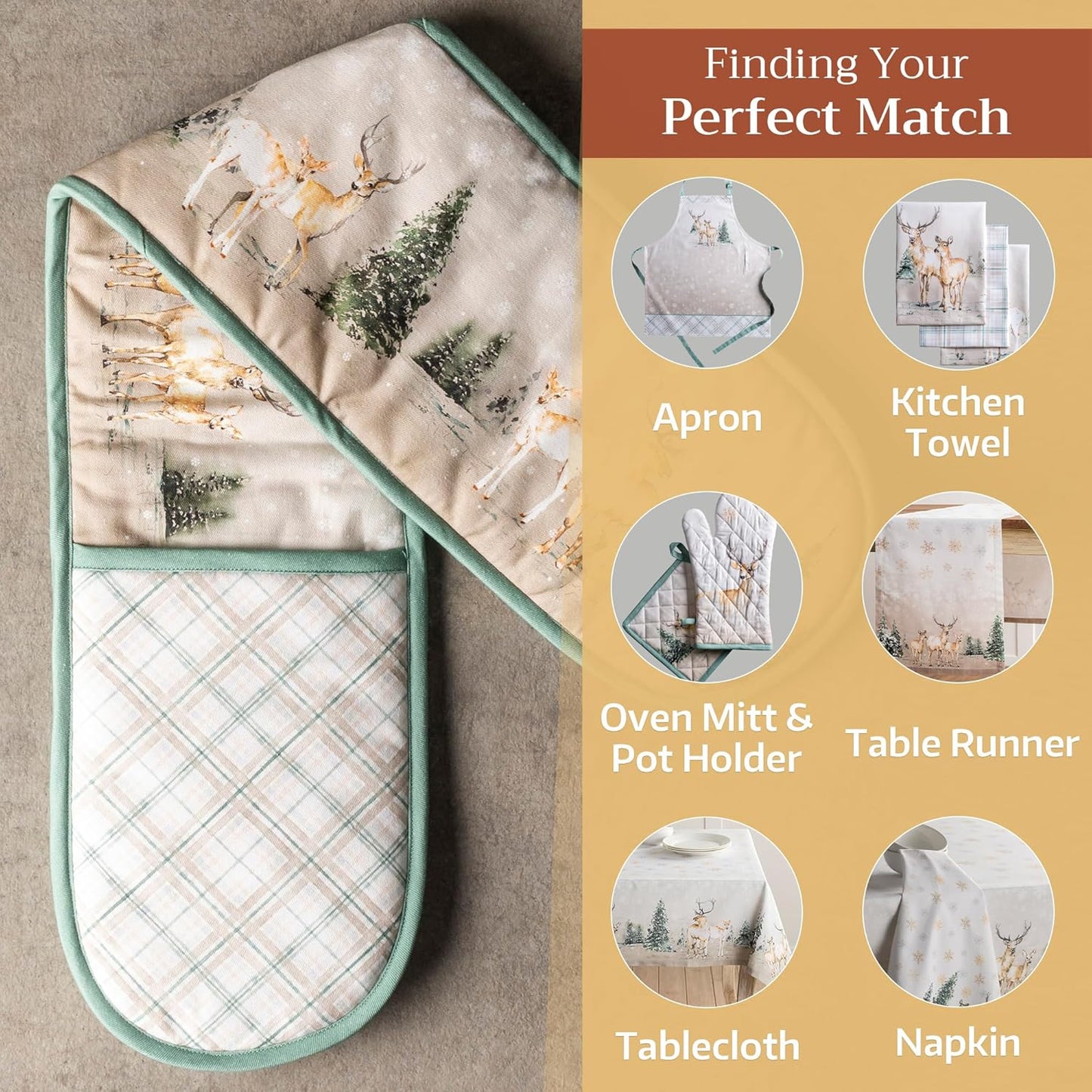 Maison d' Hermine Double Oven Mitt 100% Cotton Heat Resistant Cooking Gloves with Loop, Baking Barbeque, Handling Hot Pan, Deen in The Woods - Thanksgiving/Christmas (7 Inch x 35 Inch)