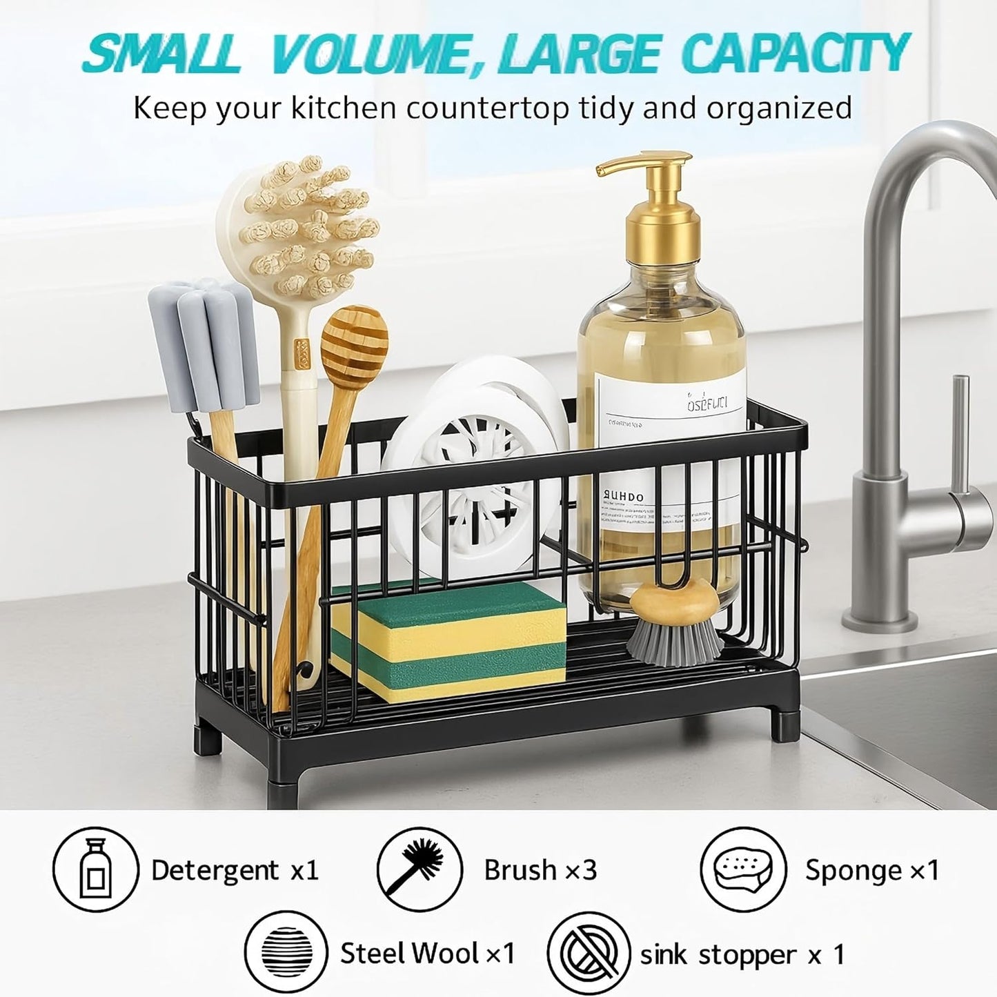 Sponge Holder for Kitchen Sink, 2 Tier Sink Caddy Organizer with Brush Holder, Non-Slip Stainless Steel Kitchen Countertop Organizers and Storage, Soap Dispenser Organize with 360°Drain Tray