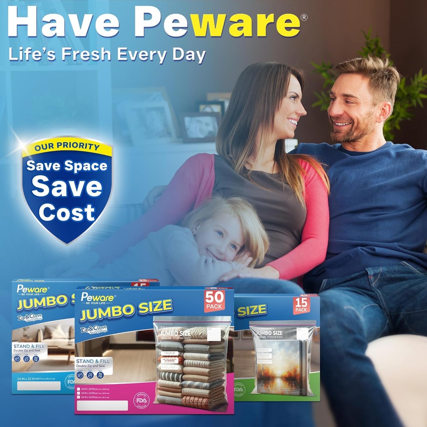 Large Storage Bags, 18"x24" Jumbo Plastic Bag, BPA Free, 5 Gallon XL Zipper Lock Baggies for Clothes Pillow Travel Moving - 15 Jumbo Bags