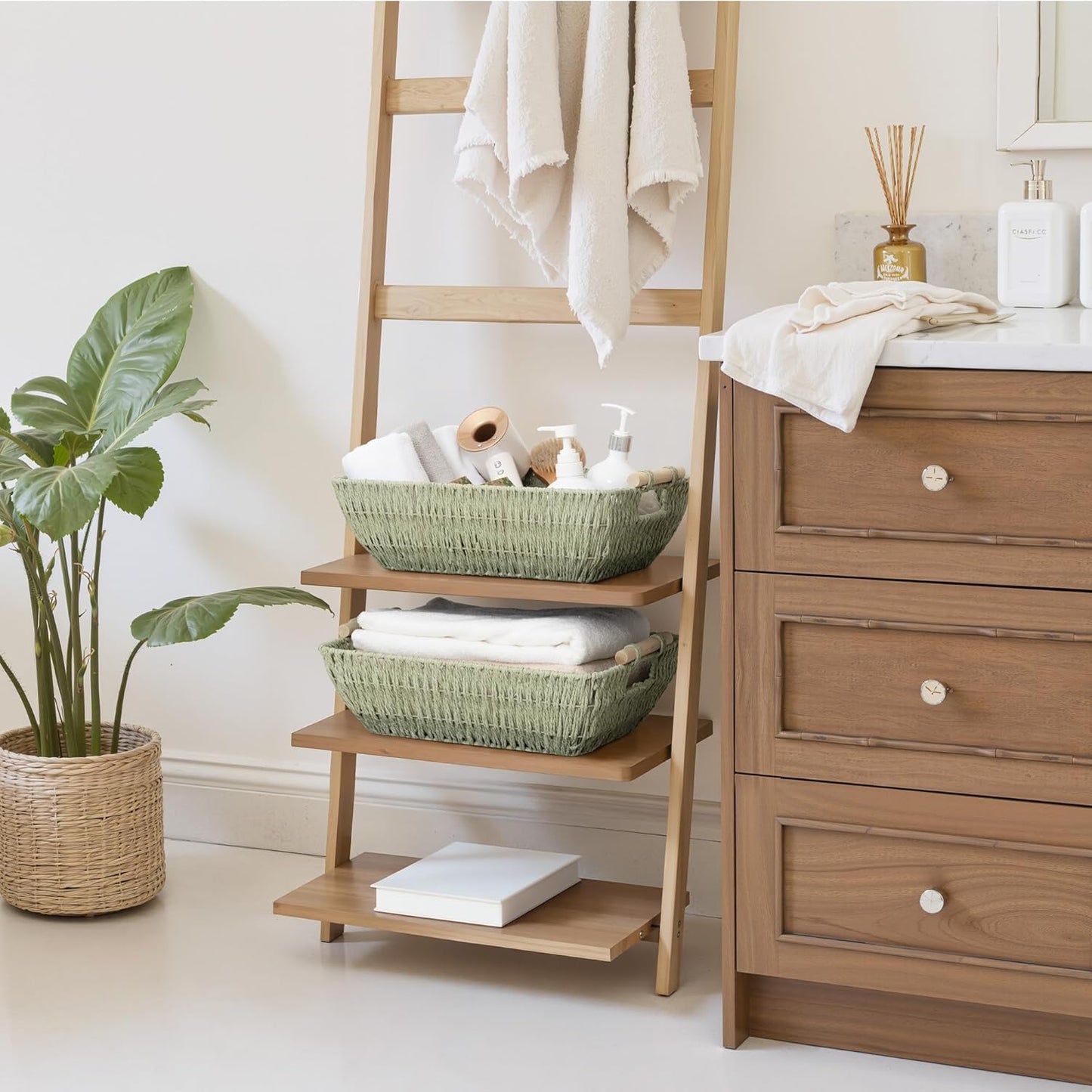 StorageWorks Extra Large Wicker Storage Basket for Organizing with Wooden Handles, Toilet Paper Baskets for Bathroom, Bosana Green, 2-Pack