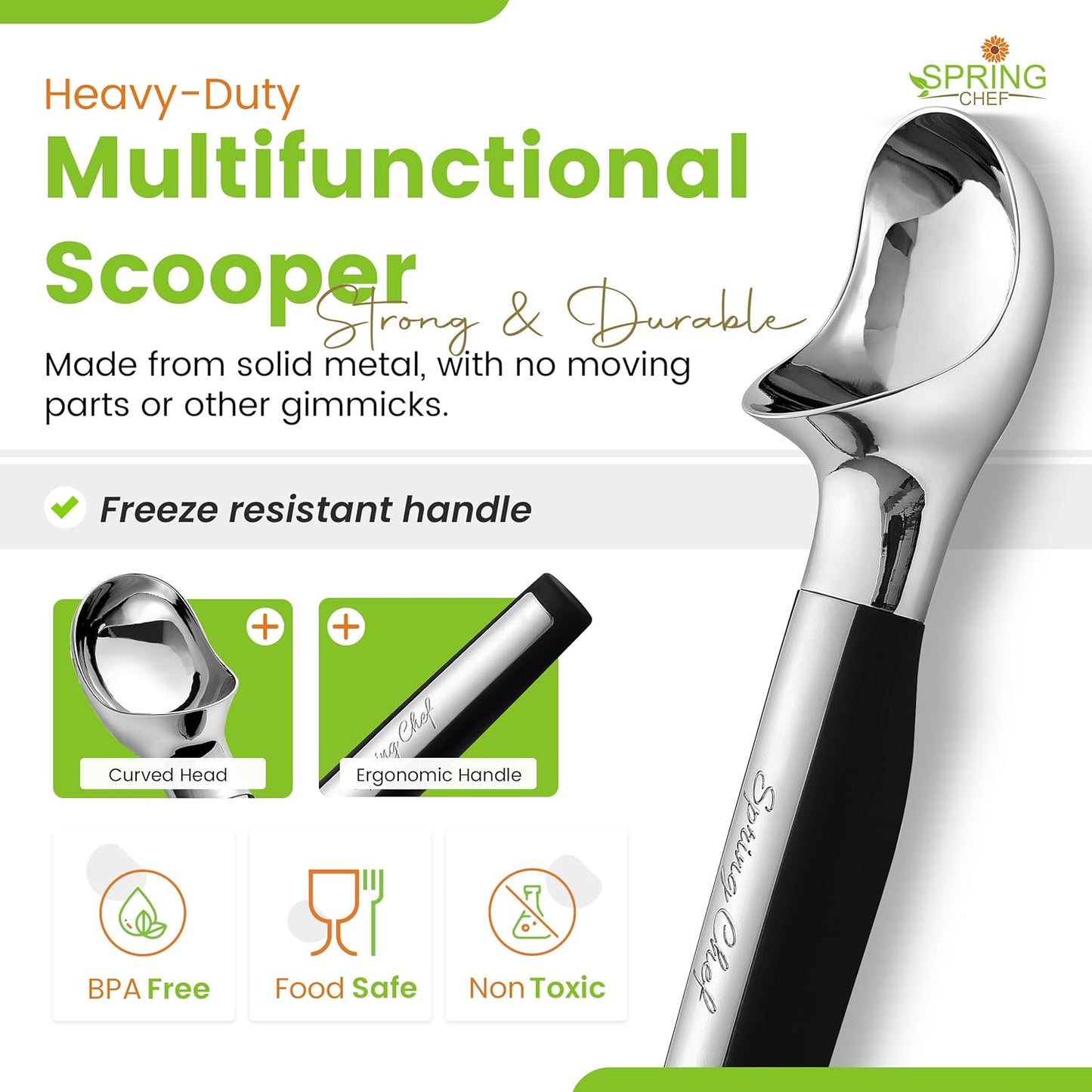 Spring Chef Heavy Duty Metal Ice Cream Scoop - Dishwasher Safe Ice Cream Scooper, Commercial Icecream Scoop Spade, Professional Kitchen Tool for Gelato, Melon, Sundae, Cookie Spoon - Black