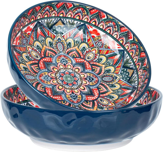 75 Oz Serving Bowls,Bohemian Style Large Porcelain Dishes for Entertaining Parties,Big Bowls for Eating Soup, Salad, Pasta, Fruit, Chips, 10.3 Inch Diameter (blue blue)
