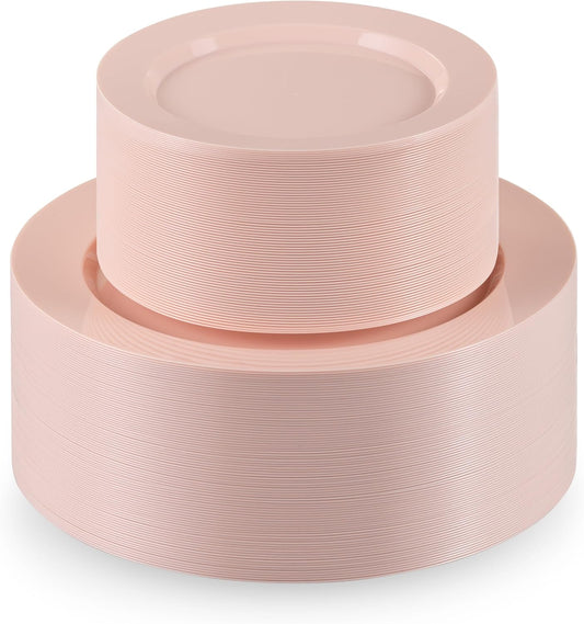 Munfix 100 Pink Plastic Plates Set, 50 Pcs 10 Inch Plastic Dinner Plates and 50 Pcs 7 Inch Plastic Dessert Plates, Elegant Fancy Heavy Duty Disposable Plates for Party, Wedding, Pink