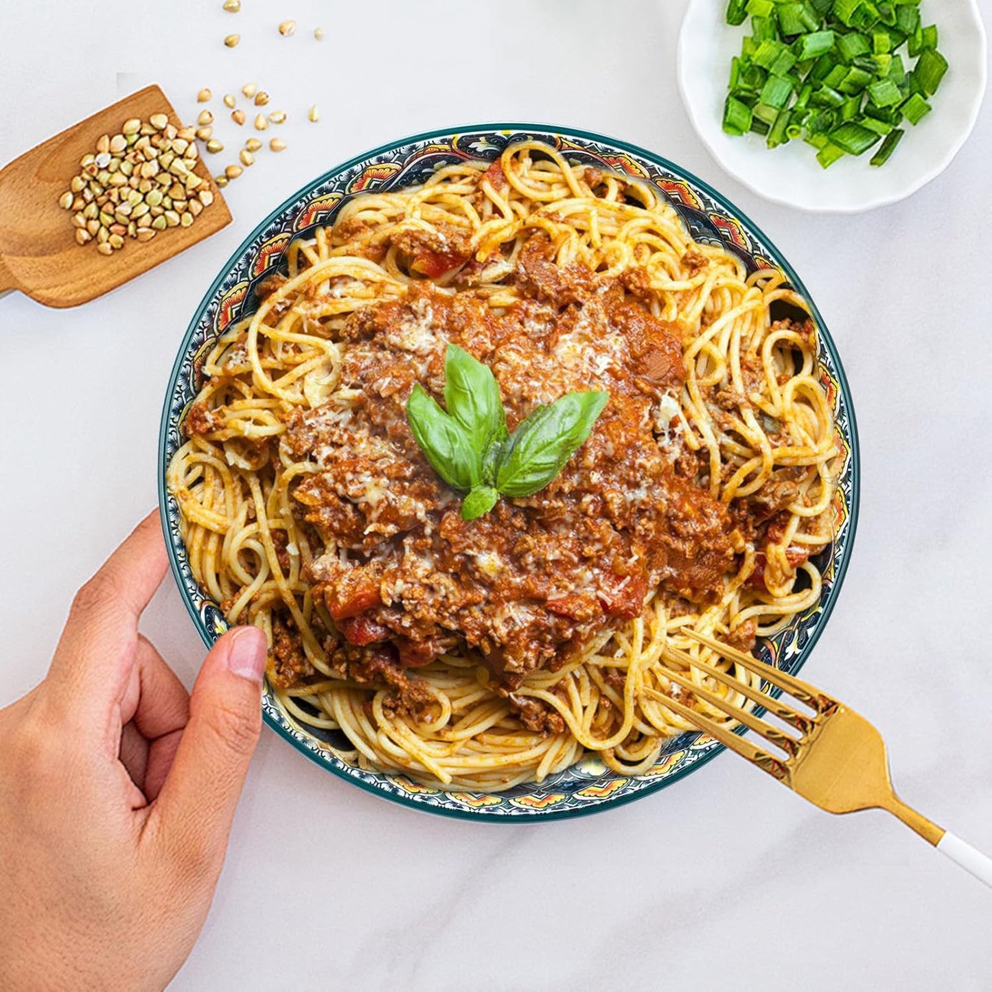 Large Serving Bowls, 75 Oz Fruit Salad Bowls, Bohemian Style Large Porcelain Dishes for Entertaining Parties,Big Bowls for Eating Soup, Salad, Pasta, Fruit, Chips, 10.3 Inch Diameter (green)