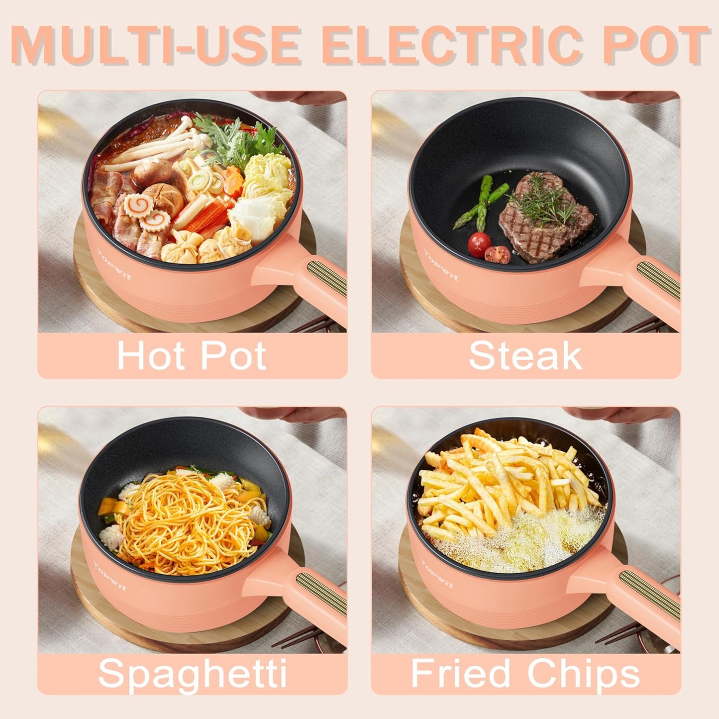 TOPWIT Hot Pot Electric, 𝟐𝐋 Electric Pot, Non-Stick Portable Cooker, Portable Hot Pot, Sauté Pan for Steak, Egg, Fried Rice, Ramen, Soup with Dual Power Control (Silicone Spatula Included), Peach
