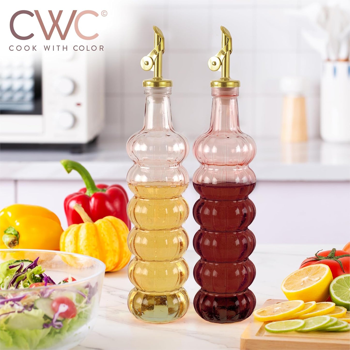 COOK WITH COLOR Glass Olive Oil Bottle Dispenser - 2 Pack- 17oz Oil and Vinegar Cruet - Olive Oil Carafe Decanter for Kitchen