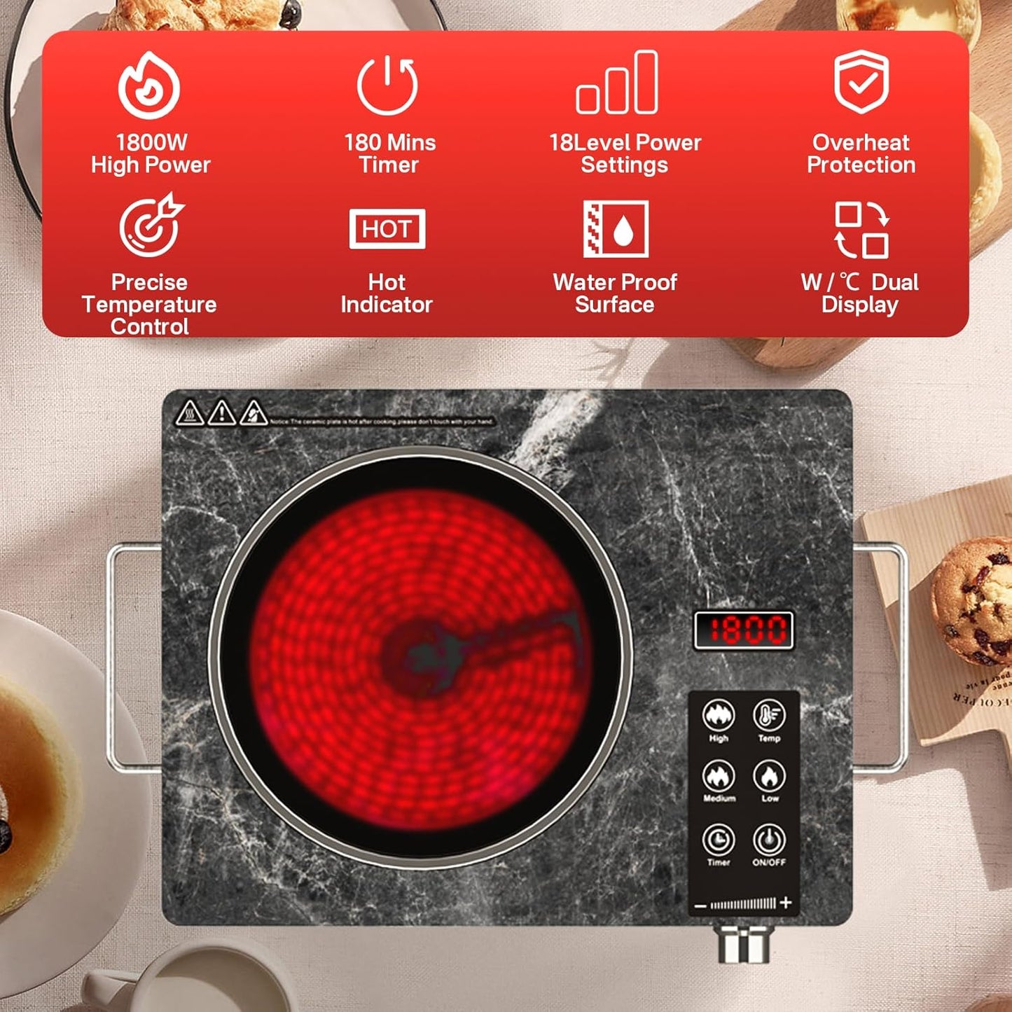 1800W Electric Infrared Stove, Single Burner Electric Cooktop, Portable Countertop Burner for Cooking, Plug in Kitchen Hot Plate, Temperature Adjustable Compact Hob Camping Stoves