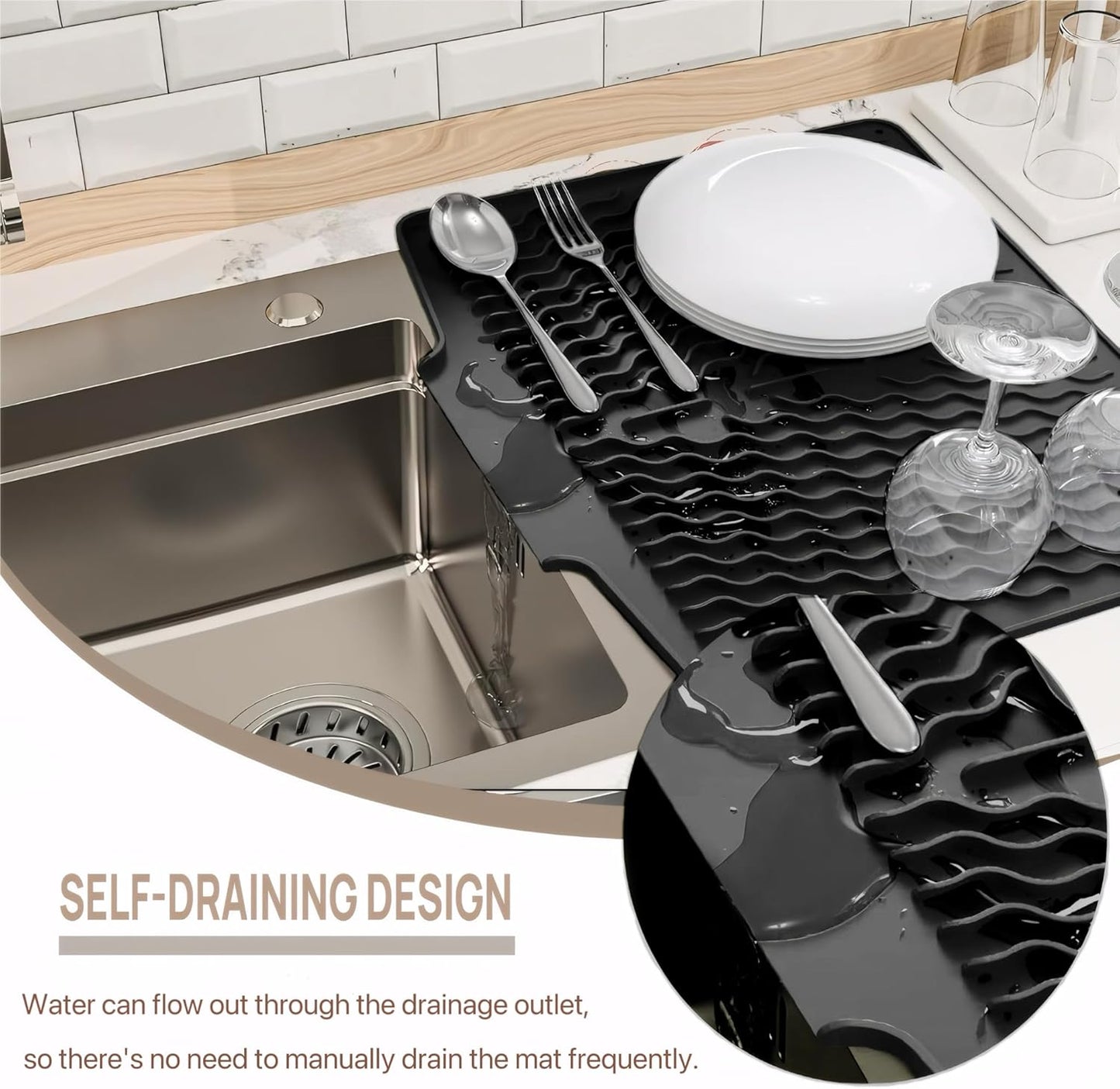 Dish Drying Mat with Drain, Silicone Mat for Kitchen Counter, Non-Slip Drainer Mat for Kitchen Sink, Countertop Dish Drying Rack, Heat Resistant Kitchen Accesories(Black, 15.6"x13")