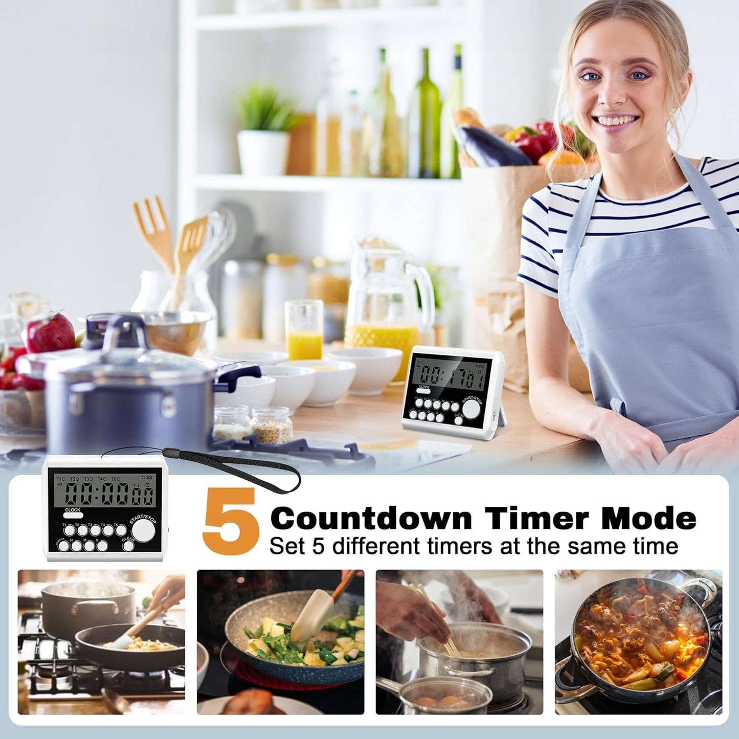 XREXS 5 Channels Digital Kitchen Timer, Clock Mode with Large LCD Display, Cooking Timer, Loud Volume Alarm and Flashing Light with Magnetic Back, Stand, Battery Included