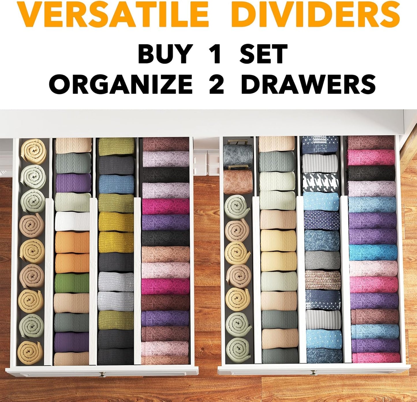 SpaceAid Bamboo Dresser Drawer Dividers 6 Pack, 4.65“ High Adjustable 17“-22” Drawer Organizers, Expandable Organization for Clothing, Clothes, Dressers, White