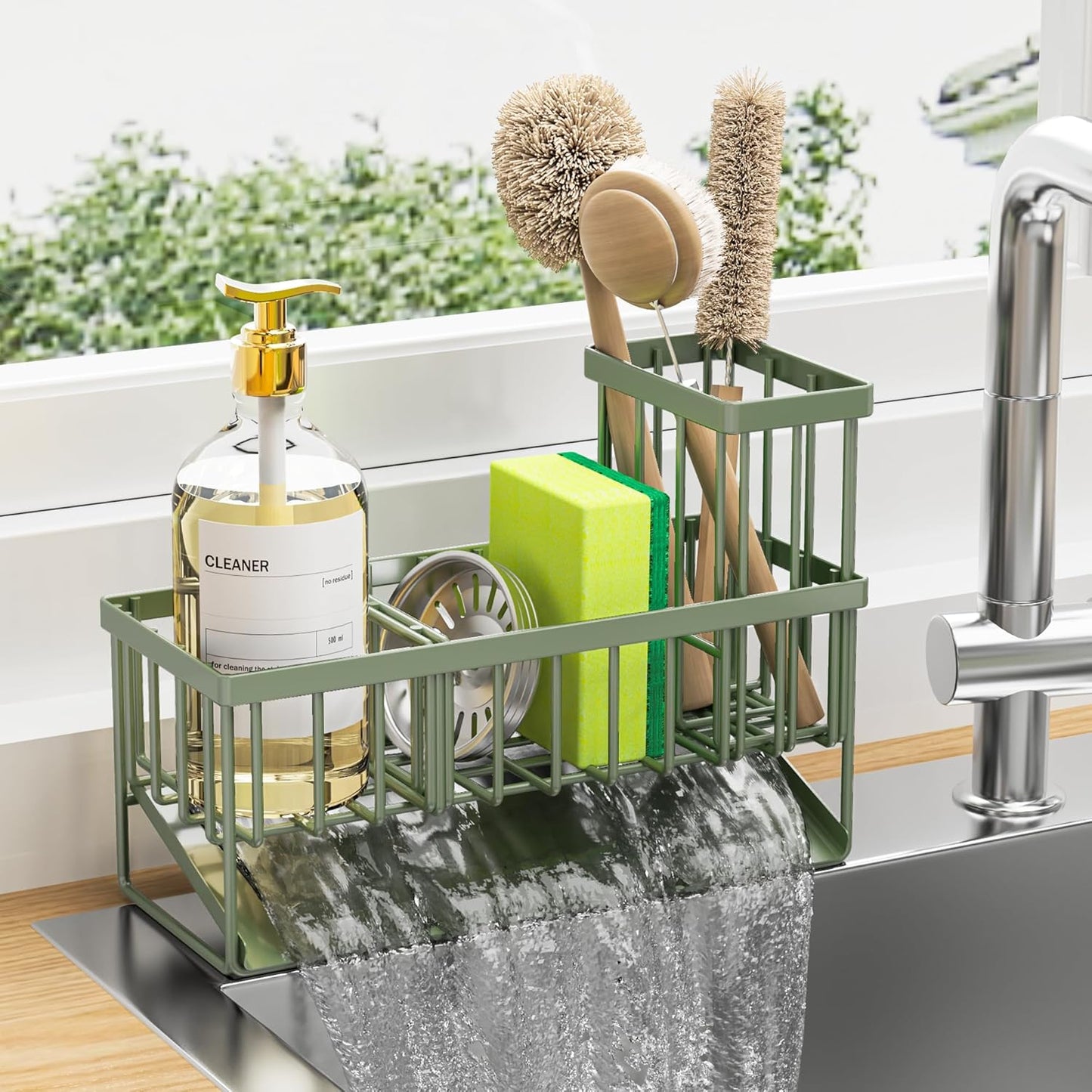 Cisily Kitchen Sink Caddy - Sponge Holder and Organizer with High Brush Holder, 304 Stainless Steel, Sage Green