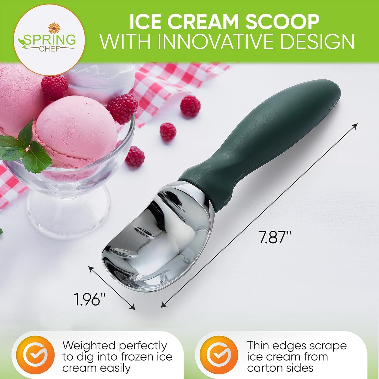 Spring Chef Professional Ice Cream Scoop with Soft Grip Handle - Heavy Duty Ice Cream Scooper for Cookie Dough, Frozen Yogurt, Gelato, Sorbet, Melon - Dishwasher Safe Kitchen Tool - Pine Green
