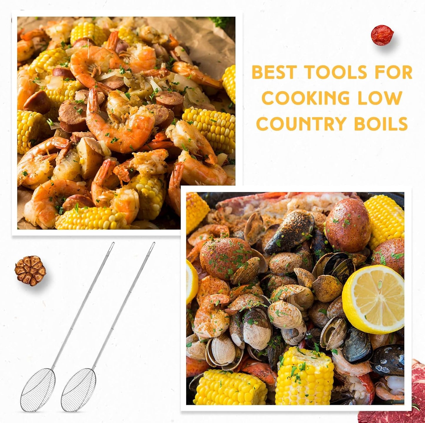 Baderke 2 Pcs 36 Inch Round Plated Wire Skimmer Stainless Steel Food Strainer Spoon Mesh Stirring Fryer Skimmer with Long Handle for Kitchen Fried Food Cooking Straining Frying