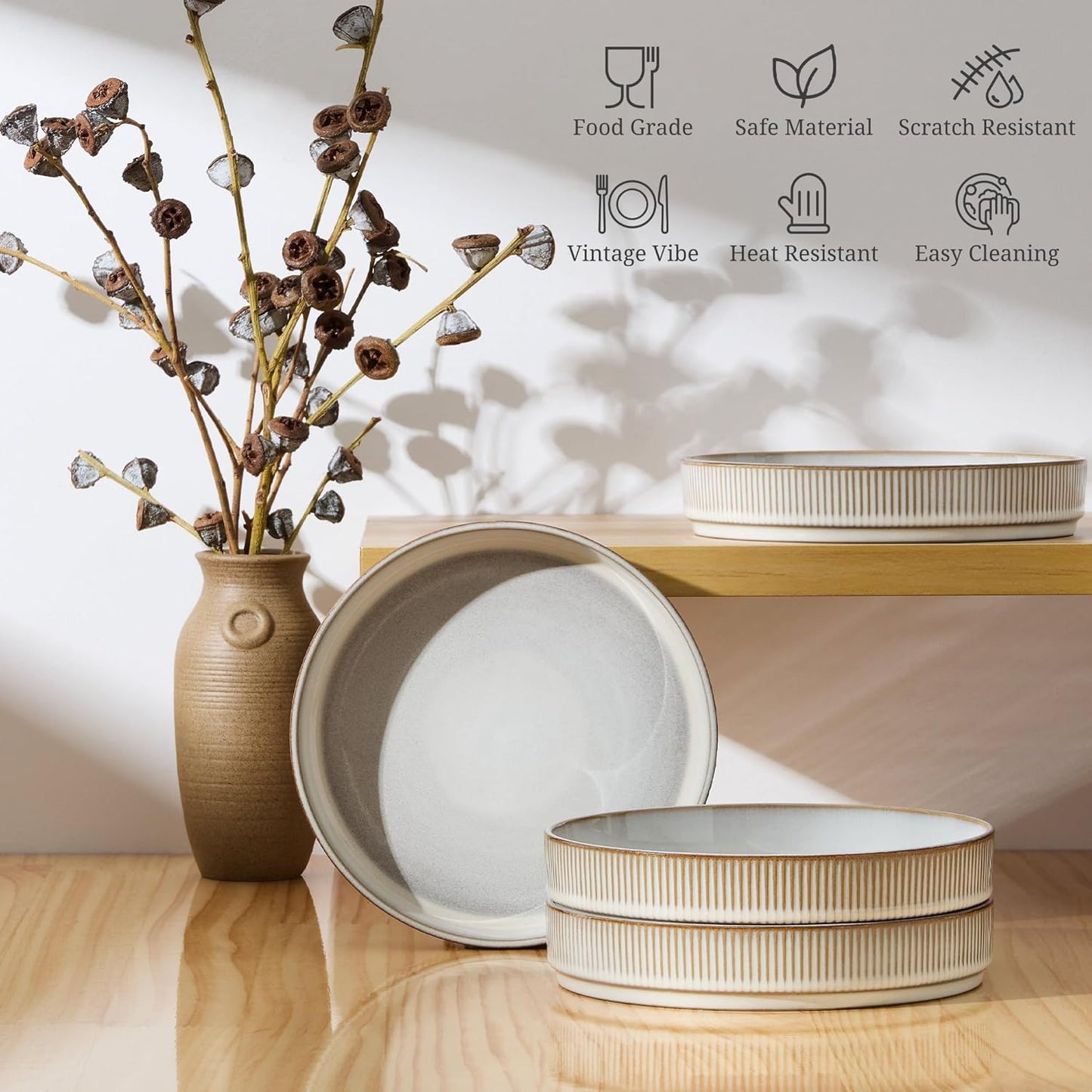 E-far Pasta Bowls Set of 4, 35oz Large Salad Bowl Plate for Dinner Serving Soup, Wide & Shallow Ceramic Stoneware Pasta Plates, Microwave & Dishwasher Safe, Reactive Glaze Texture-Stripe, Creamy Beige