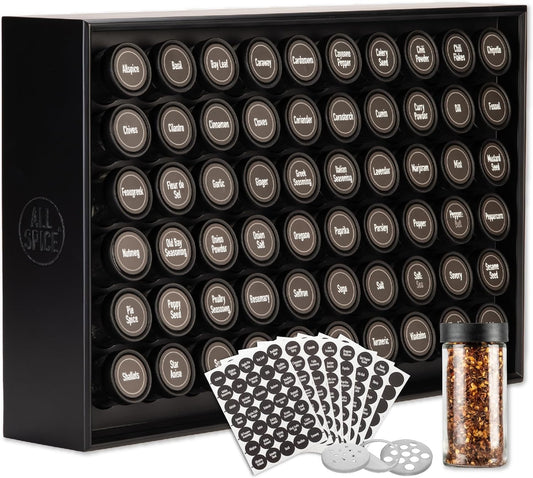 AllSpice Spice Rack Organizer, Wood, 525 Unique Labels, Countertop or Wall Mount, Includes 60 4oz Jars- Matte Black