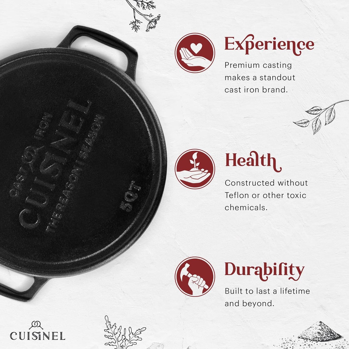 Cuisinel Cast Iron Dutch Oven - 5-Quart Deep Pot - Preseasoned 2-in-1 Multi-Cooker - Combo Lid Doubles as 10"-inch Skillet Frying Pan + Silicone Handle Covers + Scraper - Indoor/Outdoor Bread Cookware