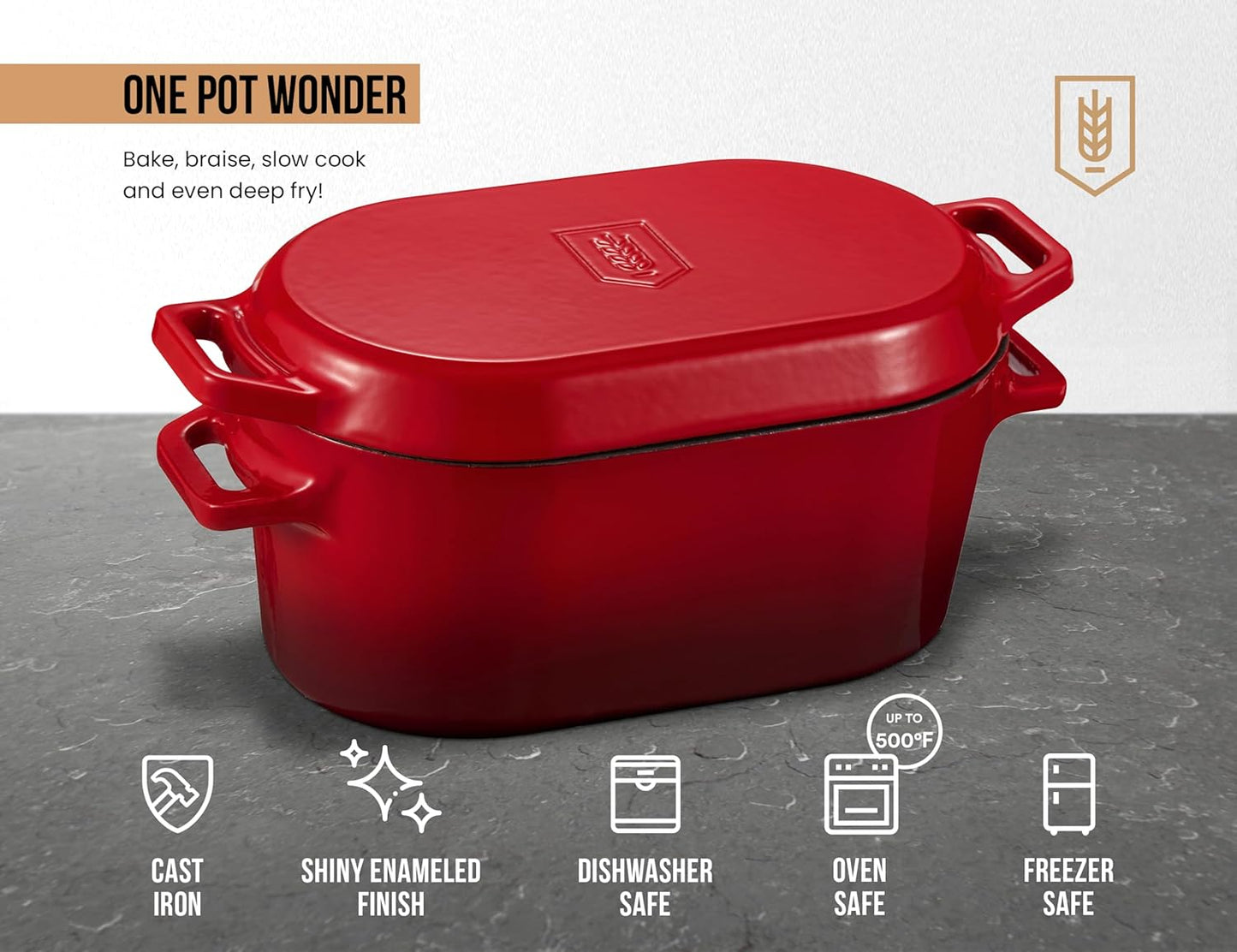 Kook Dutch Oven with Lid, Dual Handles, Enameled Cast Iron, Great for Baking Bread, Cooking and Roasting, Dishwasher Safe, 3.4 Qt, Cherry Ombre