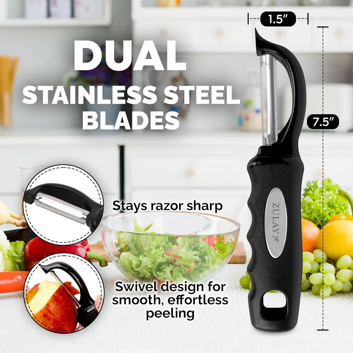 Zulay Kitchen Premium Vegetable Peeler for Kitchen - Swivel Peeler with Razor Sharp Stainless Steel Blades & Strong Ergonomic Handle - Dishwasher Safe, Easy To Use with Blemish Remover - Black