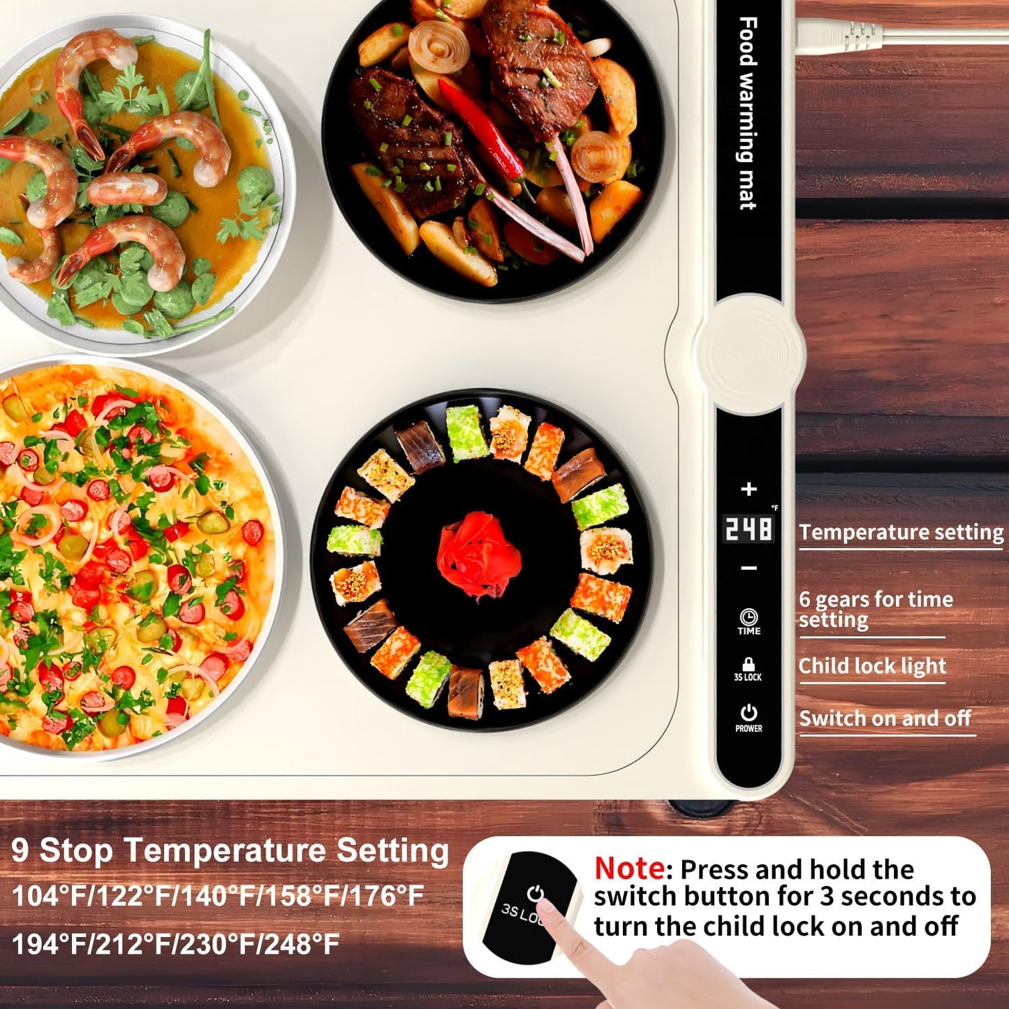 Food Warming Mat, Warming Tray, with 9 Level Adjustable Temperature and 6 Hours Timer Warming Mat for Food for Parties Buffet Gatherings,Parties,Everyday Use (Beige, 6 Dishes)