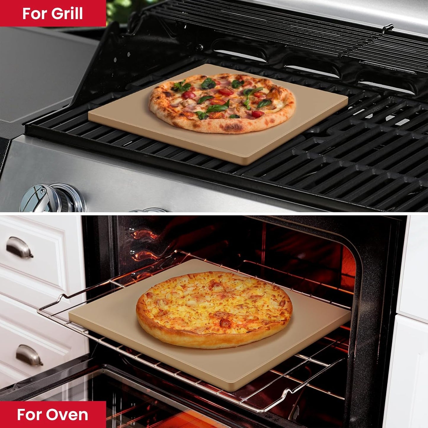 Unicook Pizza Stone for Oven and BBQ Grill, 13 Inch Square Baking Stone for Bread, Cordierite Thermal Shock Resistant Pizza Making Accessory for Oven and Grill, Including Dough Scraper