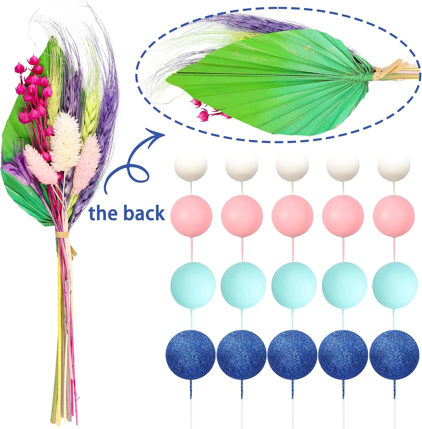 Gyufise 21 Pack Flower Boho Cake Topper Ball Cake Decorations Palm Leaves Plants Cake Decor for Girl Bohemian Princess Theme Wedding Baby Shower Birthday Party Supplies Blue Pink