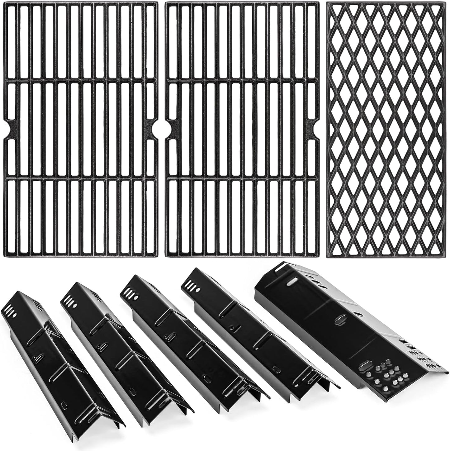 Uniflasy Grill Replacement Parts for Dyna-Glo DGH474CRP,DGH485CRP,Grill Part Kit for Dyna-Glo 3/4/5 Burner Grill,5-Pack Porcelain Steel Grill Heat Plates, 3-Pack Cast Iron Cooking Grates