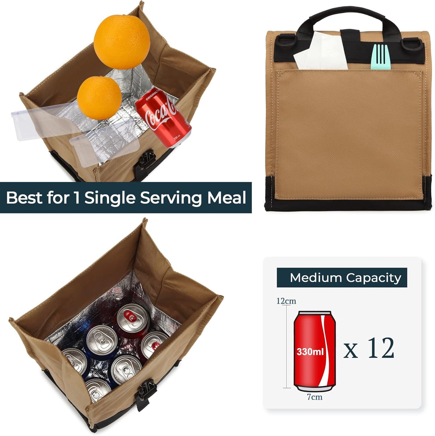 SUNNY BIRD Insulated Lunch Bag Rolltop Lunch Box Tote Bag for Women, Men, Adults and Teens (Brown)