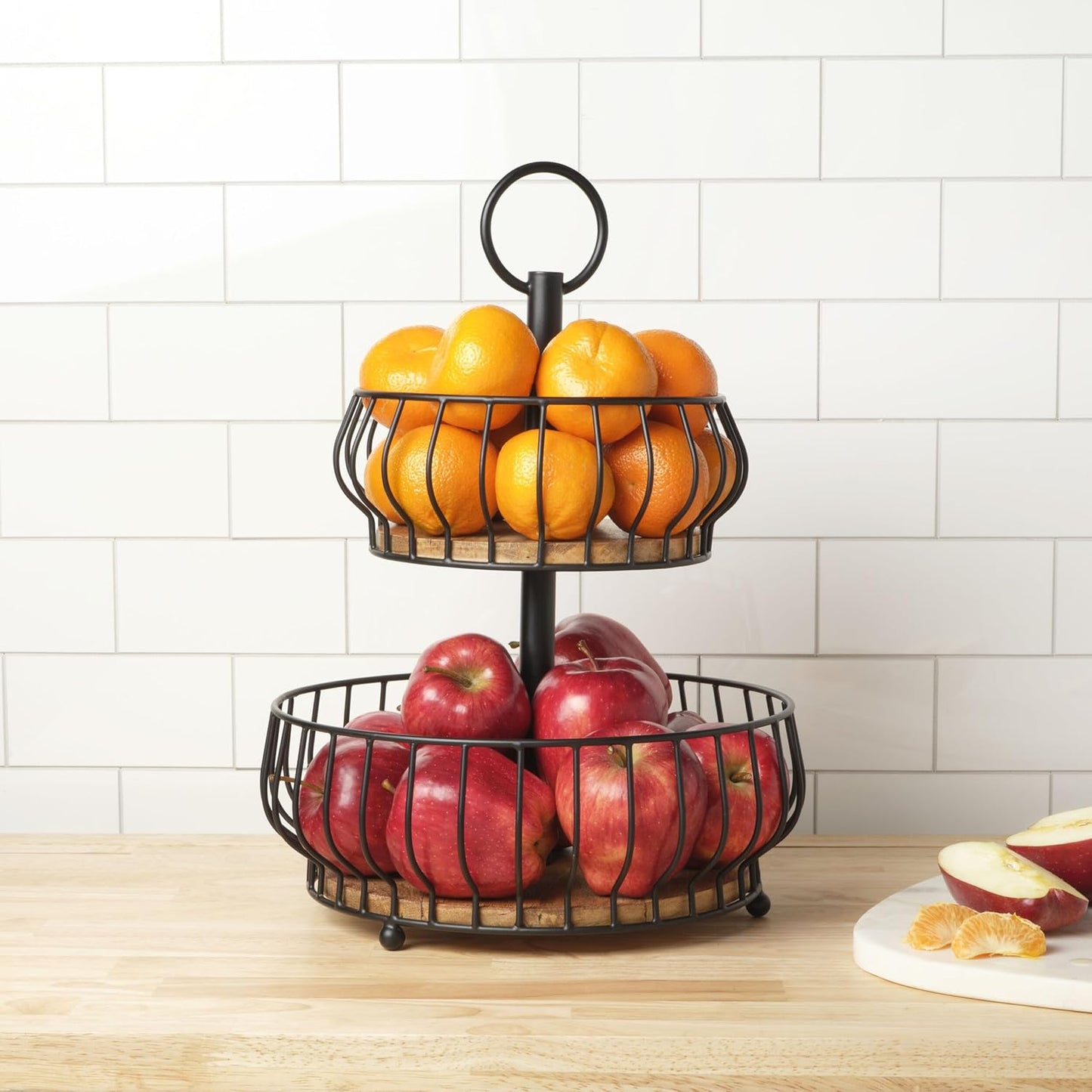 Gourmet Basics by Mikasa Savannah 2 Tier Metal Fruit Storage Countertop Basket, 12 x 12 x 16 Inch, Black