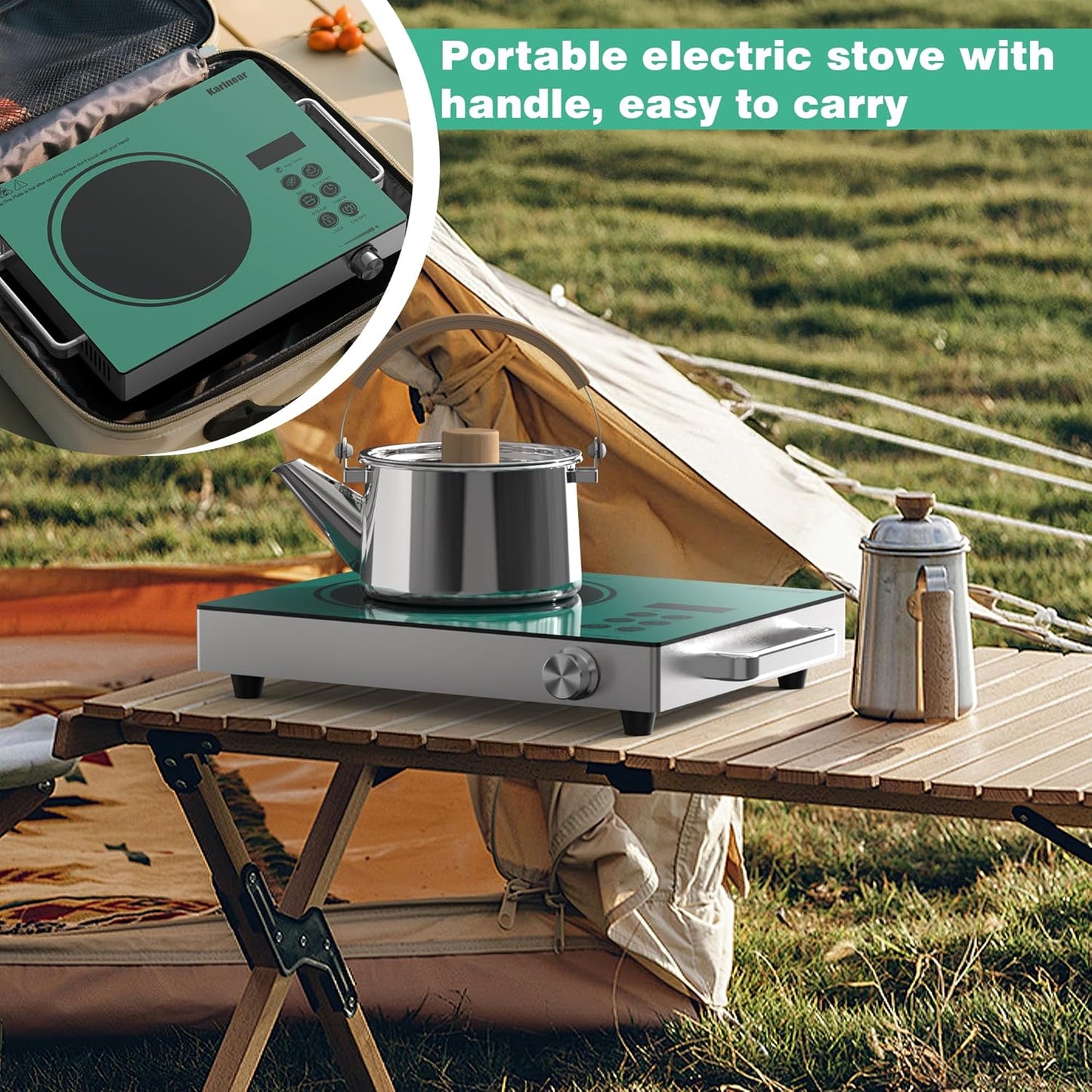 Karinear Portable Electric Stove 110V, 1800W Electric Hot Plate with Handle, Knob Control Single Burner Electri Cooktop, Ceramic Infrared Countertop Burner, Timer, Safety Lock(Green)