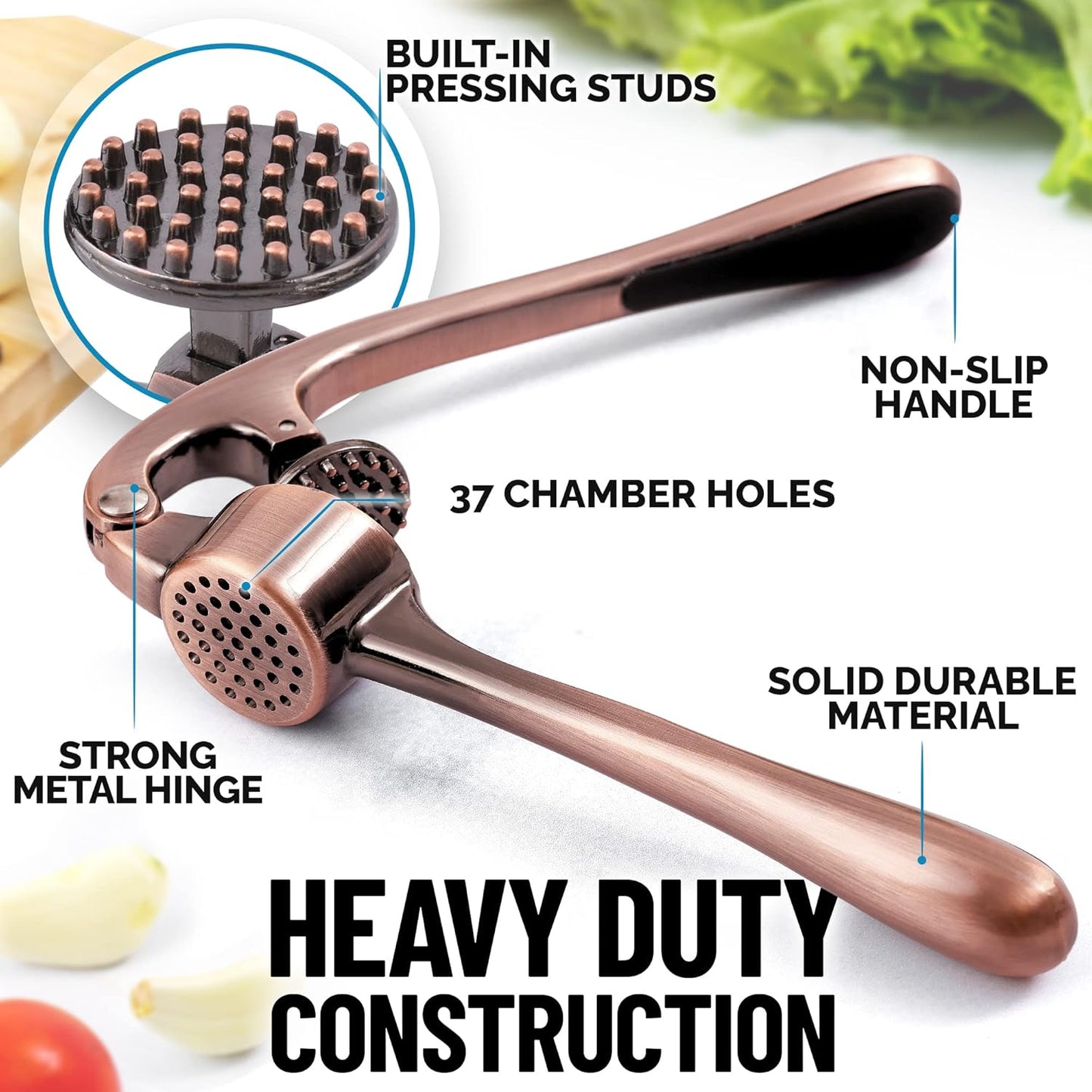 Zulay Kitchen Premium Garlic Press Set - Rust Proof & Dishwasher Safe Professional Garlic Mincer Tool - Easy-Squeeze, Easy-Clean with Soft, Ergonomic Handle - Silicone Garlic Peeler & Brush (Copper)