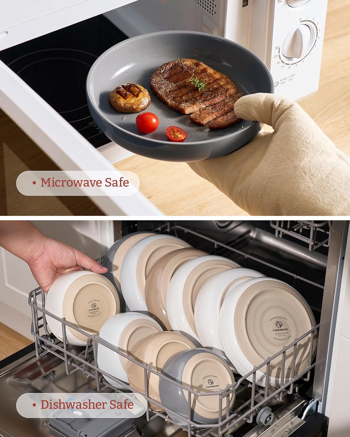 famiware Milkyway 33 oz Bowl Set, Pasta Bowls Set of 4, Salad Bowls, Double Reactive Glaze, Sturdy & Stackable, Ideal for Housewarming, Festivals, White & Dark Gray