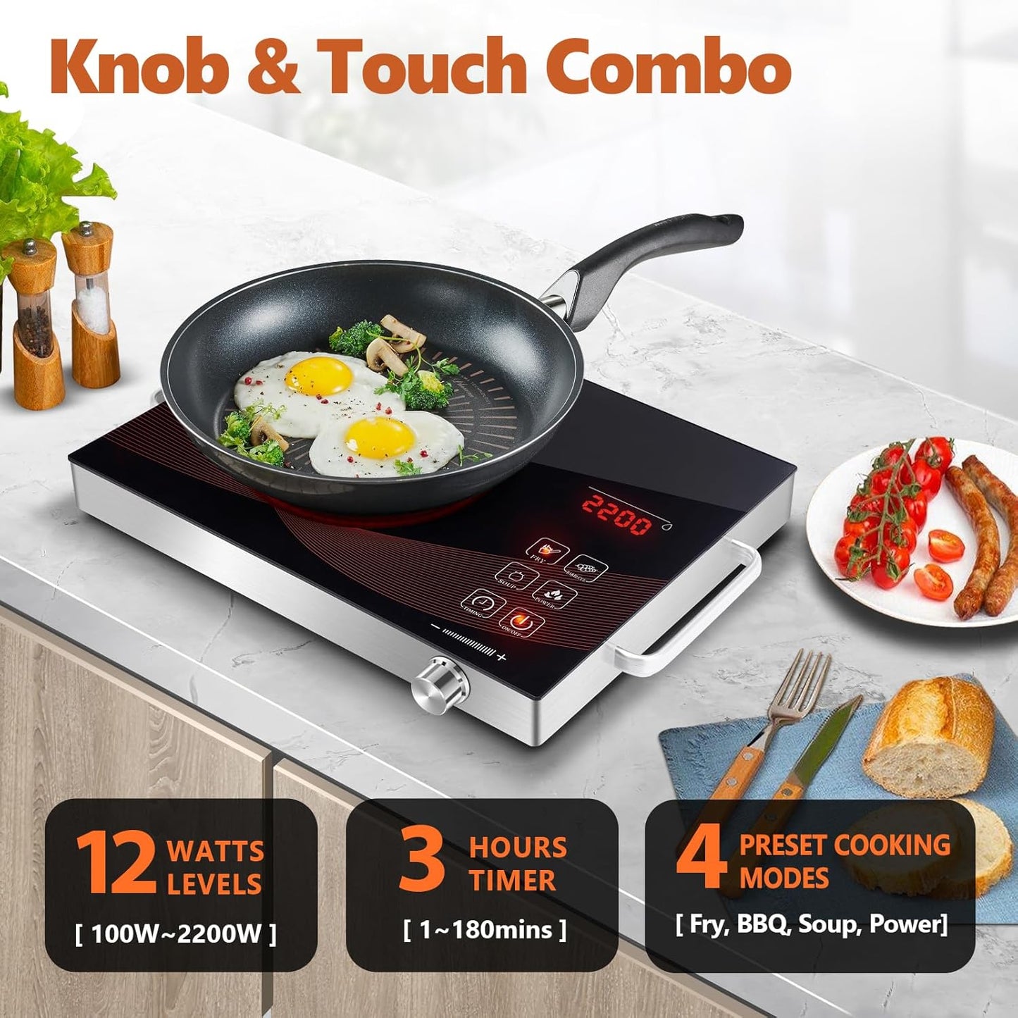Countertop Infrared Hot Plate Electric Cooktop Portable Cooker for Cooking Single Burner Stove, 2200 Watt Compact Hotplate Adjustable Temperature Control, Sensor Touch & Knob