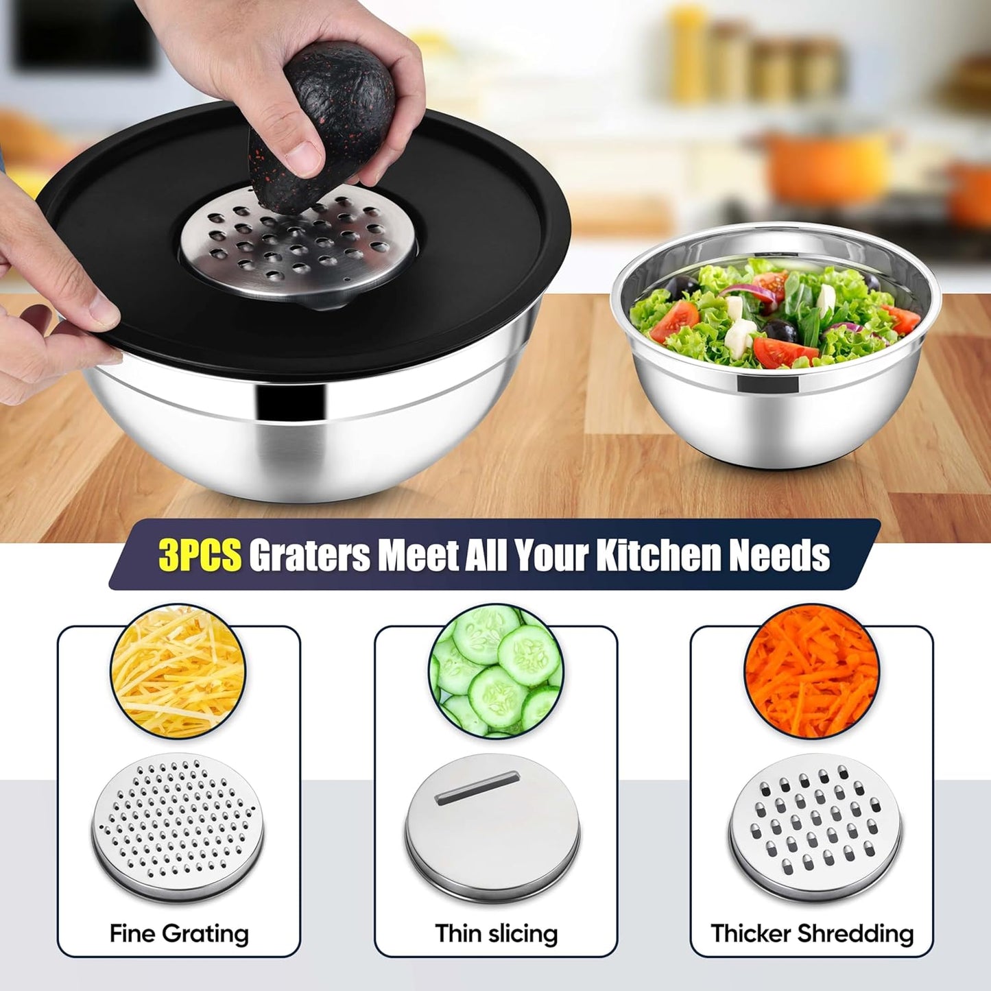 E-far Stainless Steel Mixing Bowls with Lids Set, 5-Piece Nesting Salad Bowls with 3 Grater Attachments and Non-Slip Bottoms, Size 4.6, 2.6, 2, 1.5, 1QT for Kitchen (Black)