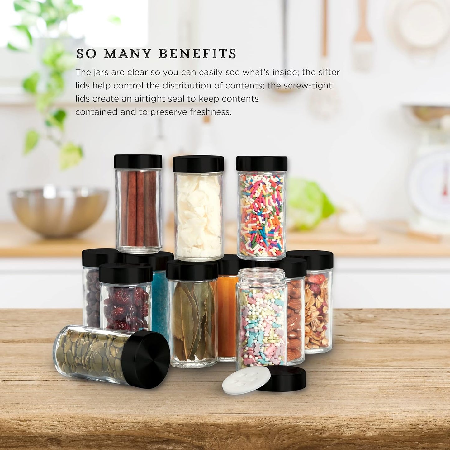 Kamenstein 5244227 Empty Jars With Black Cap, Set Of 12, 3-Ounce