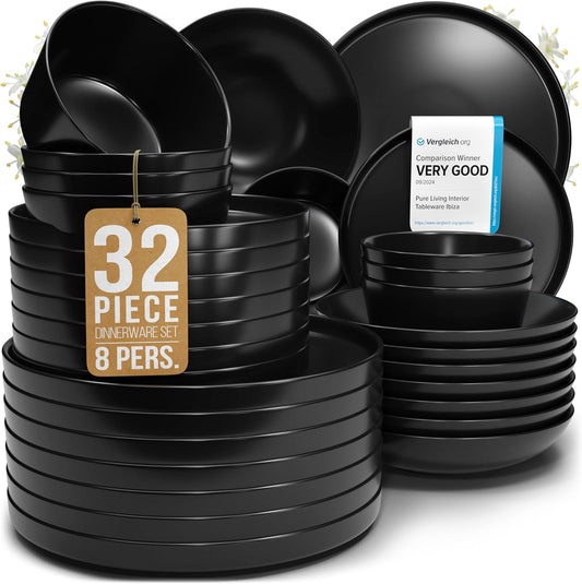 Matte Black Dinnerware Set - 32-Piece Stoneware Set for 8 People - Dishwasher & Microwave Safe - Black Matte