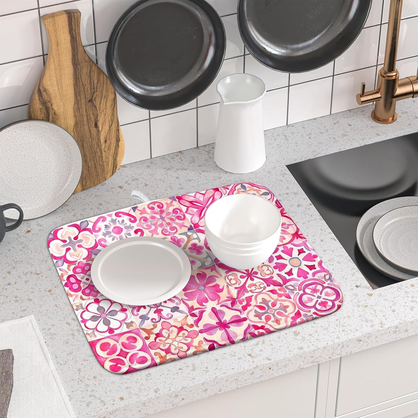 Pink Mexican Tiles Dish Drying Mat Absorbent Microfiber Dish Drying Pad for Kitchen Multi-use Large