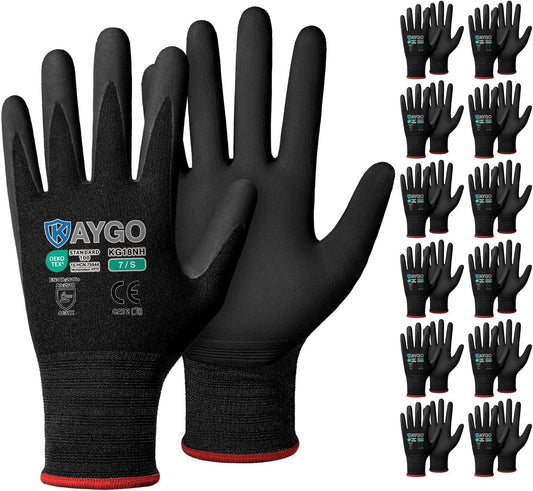 KAYGO Safety Work Gloves MicroFoam Nitrile Coated, 12 Pairs KG18NB,Seamless Knit Nylon Glove with full fingers Touchscreen, Ideal for Automotive,Warehouse,Construction (Small, Black)