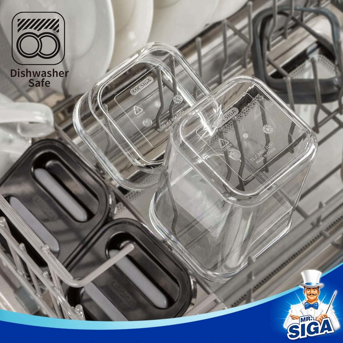 MR.SIGA 6 Piece Airtight Food Storage Container Set, BPA Free Kitchen Pantry Organization Canisters, One-handed Kitchen Storage Containers for Cereal, Spaghetti, Pasta, Black