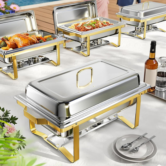 Chafing Dishes for Buffet 4 Pack, 9QT Chafing Dish High Grade Stainless Steel Chafer Complete Set,Steel Handle, Catering Events Complete Buffet Warmer Set (Golden, 4)
