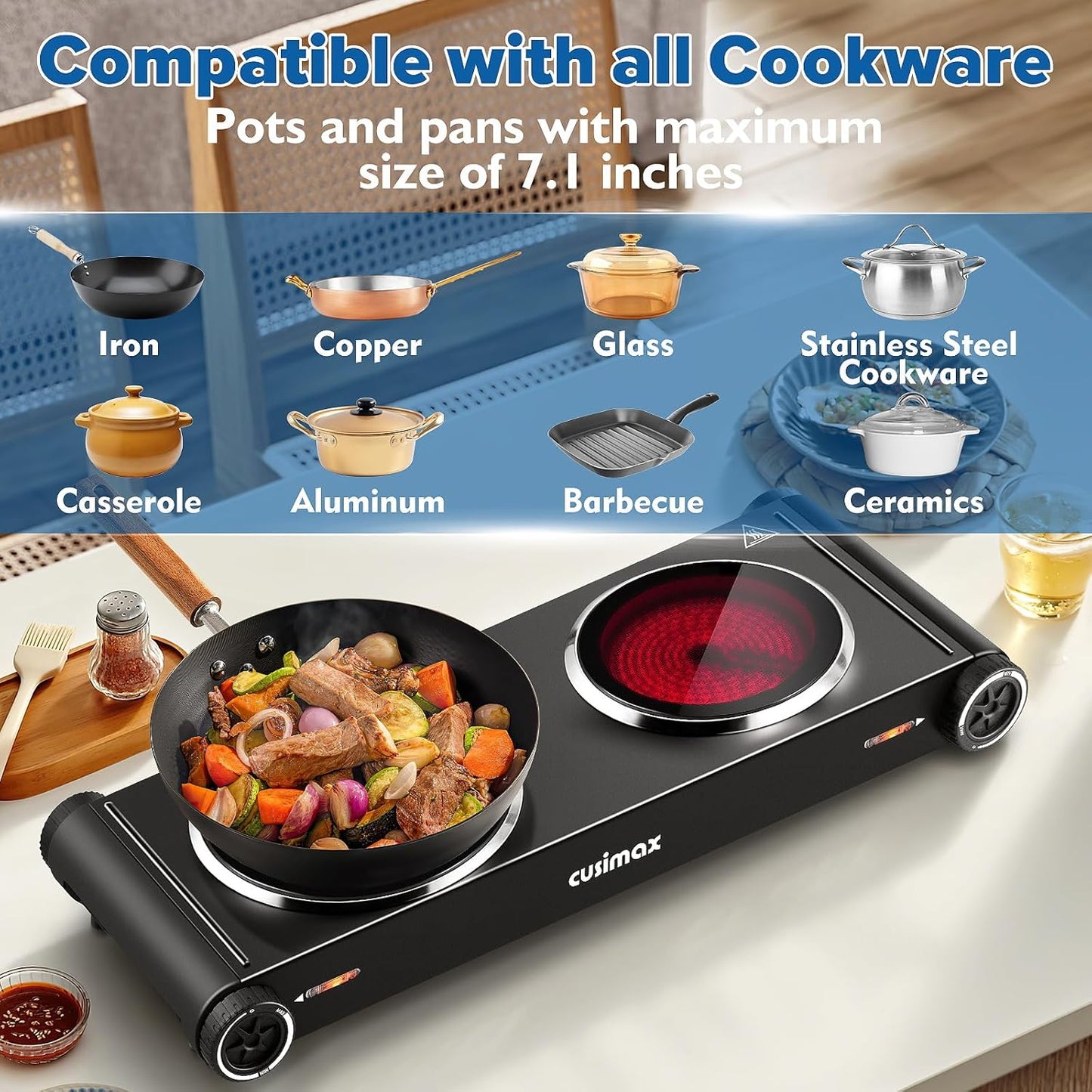 Cusimax Hot Plate,1800W Electric Stove Countertop Double Cast Iron Burner with Adjustable Temperature,7.4”+6.1” Portable Hot Plates for Cooking,Compatible for All Cookwares