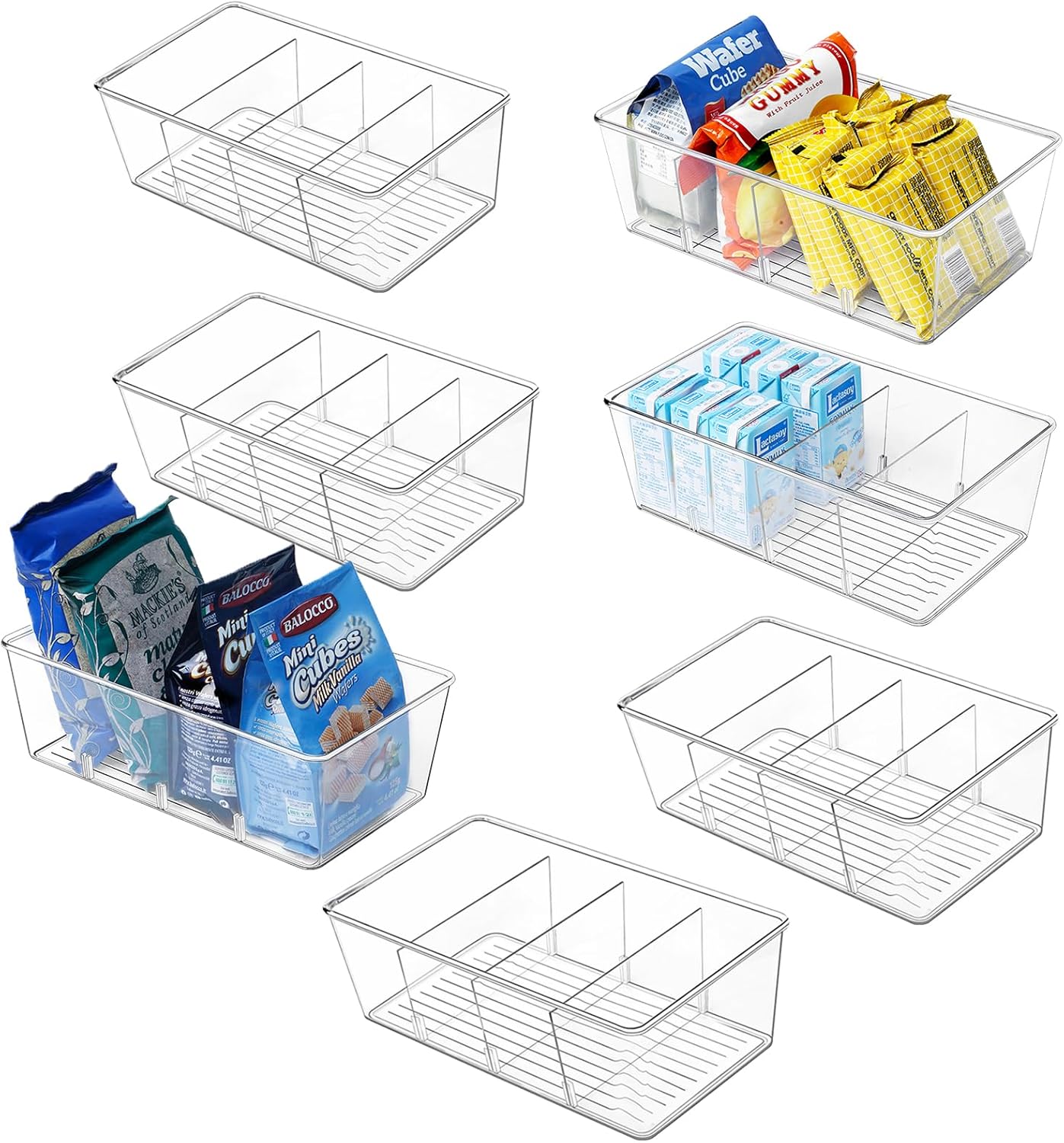 wilfox Pantry Organizer, 7 Pack Clear Organizer Bins with Removable Dividers, Pantry Organizers and Storage, Fridge Organizer and Cabinet Organizer for Snack, Pouches, Spice Packets