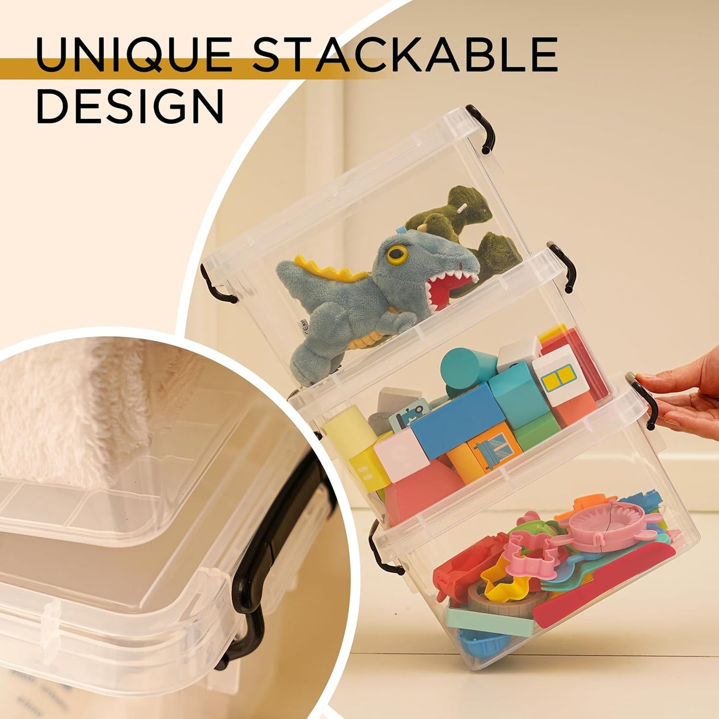 ITYLIFE CITYLIFE 6 Packs 3.5 QT Small Storage Bins with Black Handle Clear Plastic Bins with Reinforce Bottom Stackable Storage Containers for Organizing Art Supply, Craft Stuff, Medicine, Small Toys