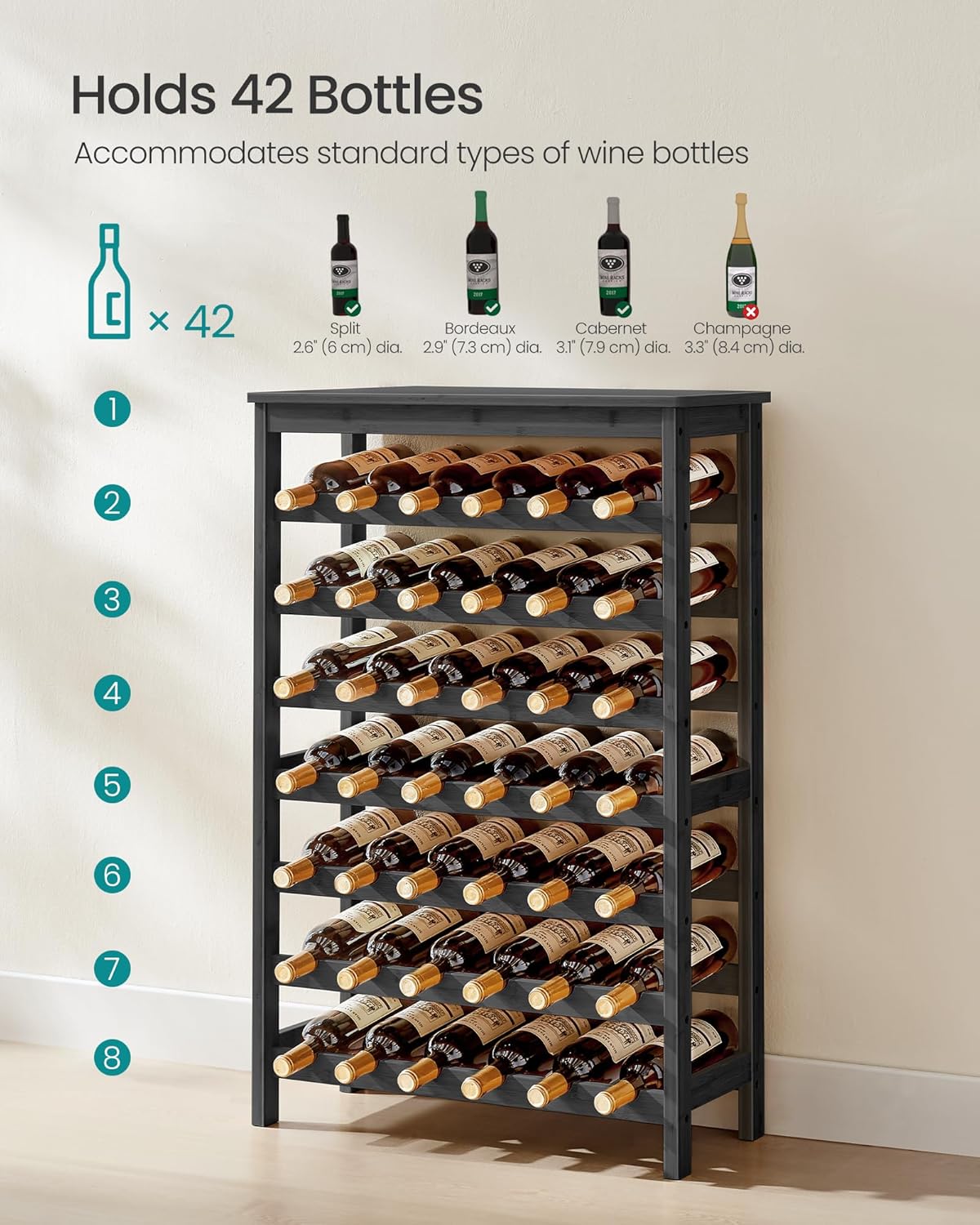 SONGMICS 42-Bottle Wine Rack Free Standing Floor, 7-Tier Display Wine Storage Shelves with Table Top, Bamboo Wobble-Free Bottle Holder for Kitchen Bar Dining Room Living Room, Ink Black UKWR027B16