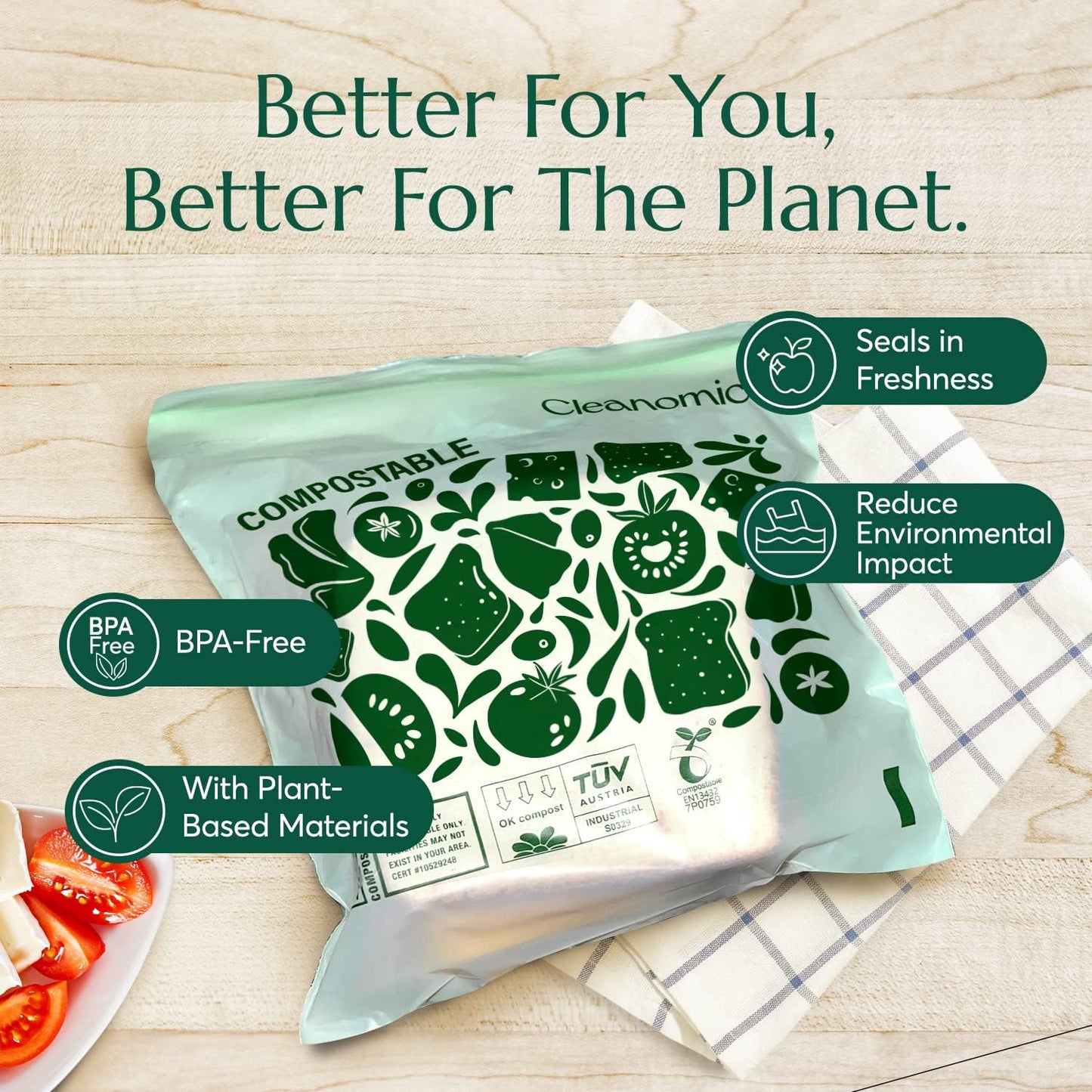 Cleanomic Compostable* Sandwich Size Food Storage Bags (25 Eco Zip) Freezer and Leak Proof, Also Available Gallon, Quart and Snack Size Bags