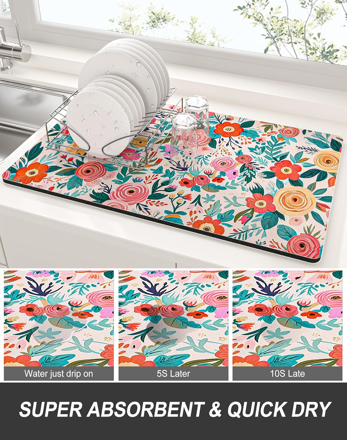 Rnivvi Dish Drying Mat for Kitchen Counter, 12 x 19" Cute Flower Super Absorbent Draining Pad, Non-Slip Heat Resistant Coffee Bar Mats for Coffee Machine Station Accessories, Colorful Dish Rack Pad