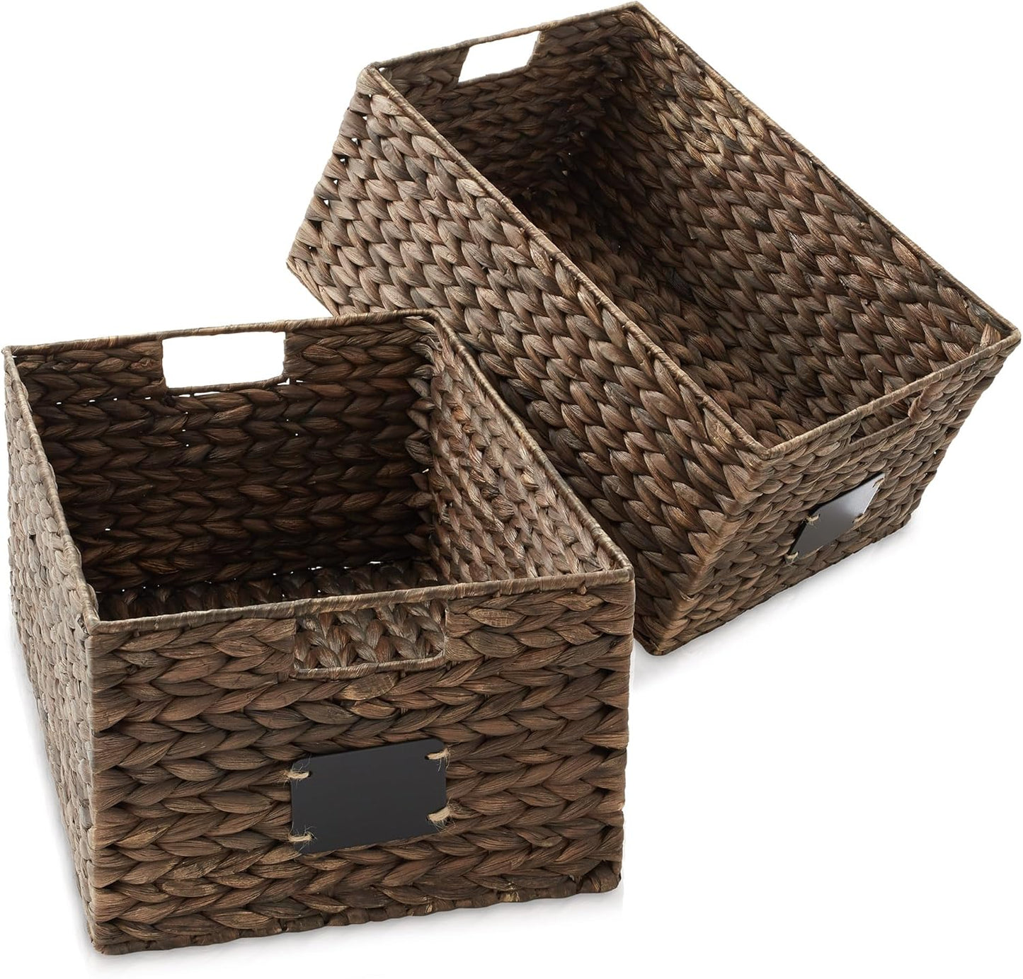 Casafield Set of 2 Water Hyacinth Pantry Baskets, 12-1/2" x 17" x 8", with Chalkboard Labels and Chalk Marker - Espresso, Woven Storage Bin Organizers for Kitchen Shelves