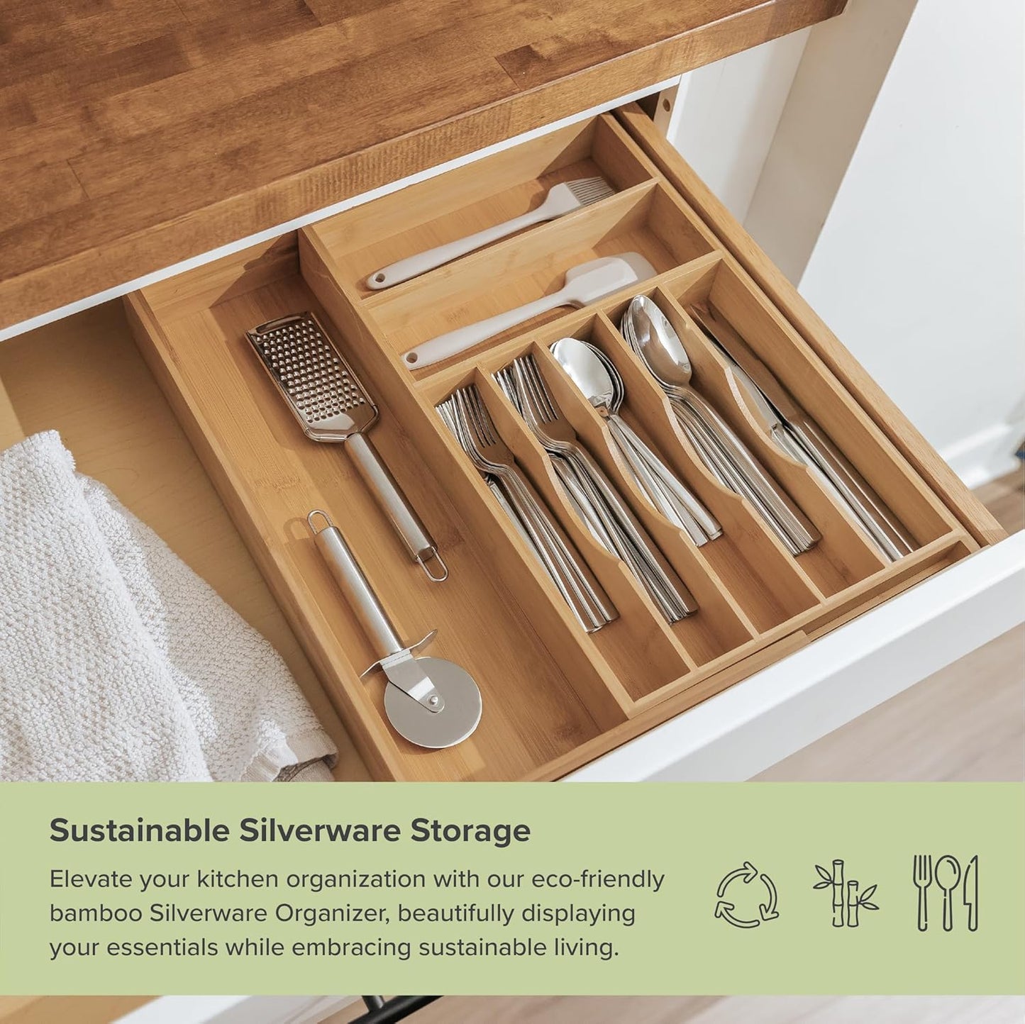 Premium Silverware, Flatware and Utensil Organizer for Kitchen Drawers, Food-Safe Contract Grade, Expandable from 10.5 to 19 In, Natural Bamboo