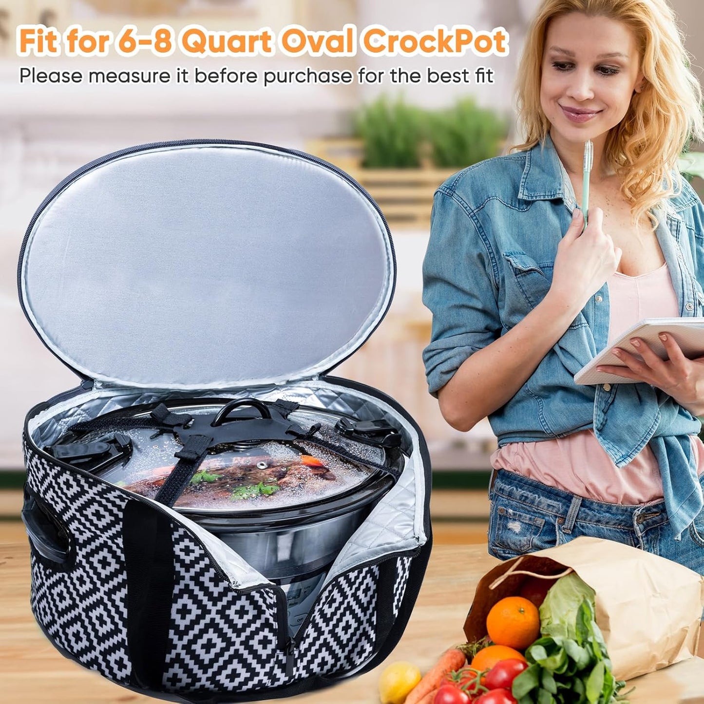 BAGSPRITE Double-layer Slow Cooker Carrying Case Compatible with 6-8 Quart Crockpot Carrier for Hot Food and Hamlton Beach Slow Cooker Tote with Lid Fastener for Crock-pot Dust Cover Applicances